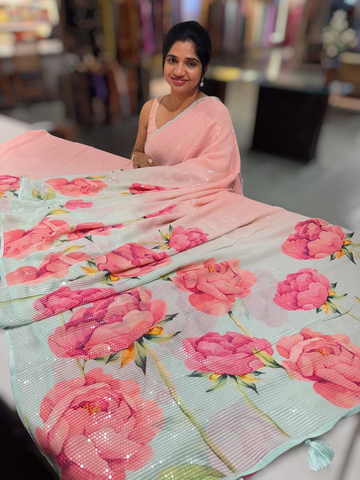 Pink &amp; Blue shaded Georgette sequence Sarees with statement Floral print