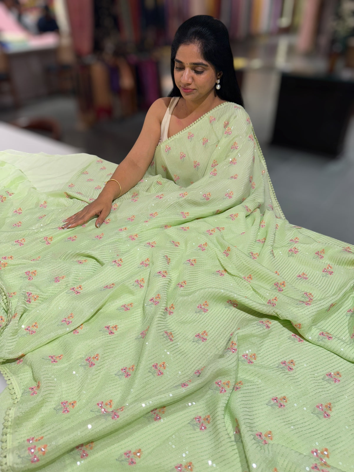 Sea Green chiffon saree with embroidery