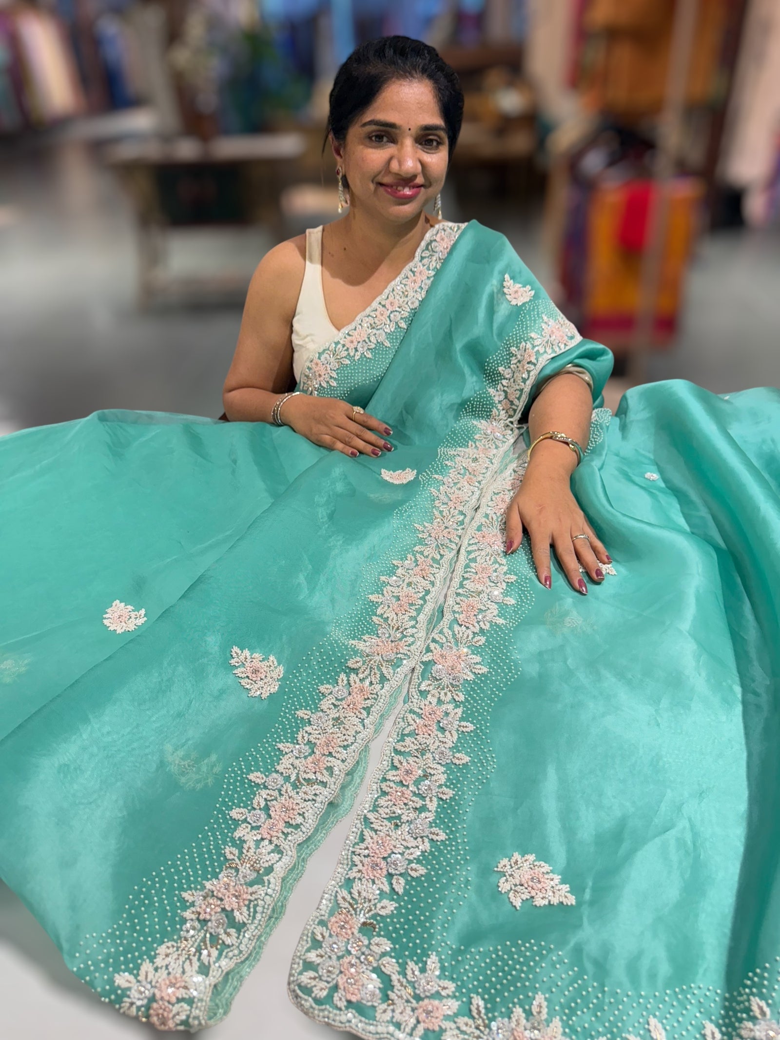 Sea Organza heavy handwork saree with ready to wear blouse