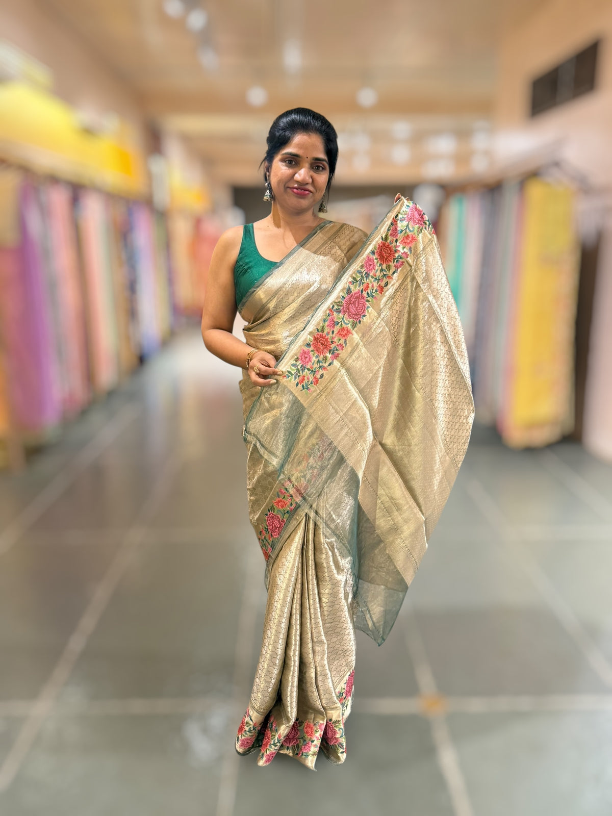 Bottle Green Base Banarasi Tissue Brocade Saree with Petite Point Embroidered Border