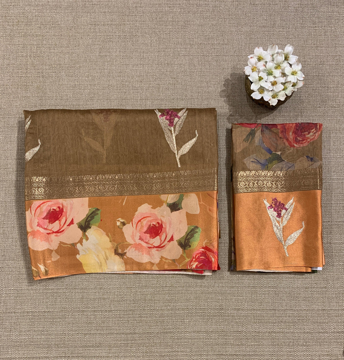 Light Brown Tussar Dhupion Saree with Floral printed mashru borders