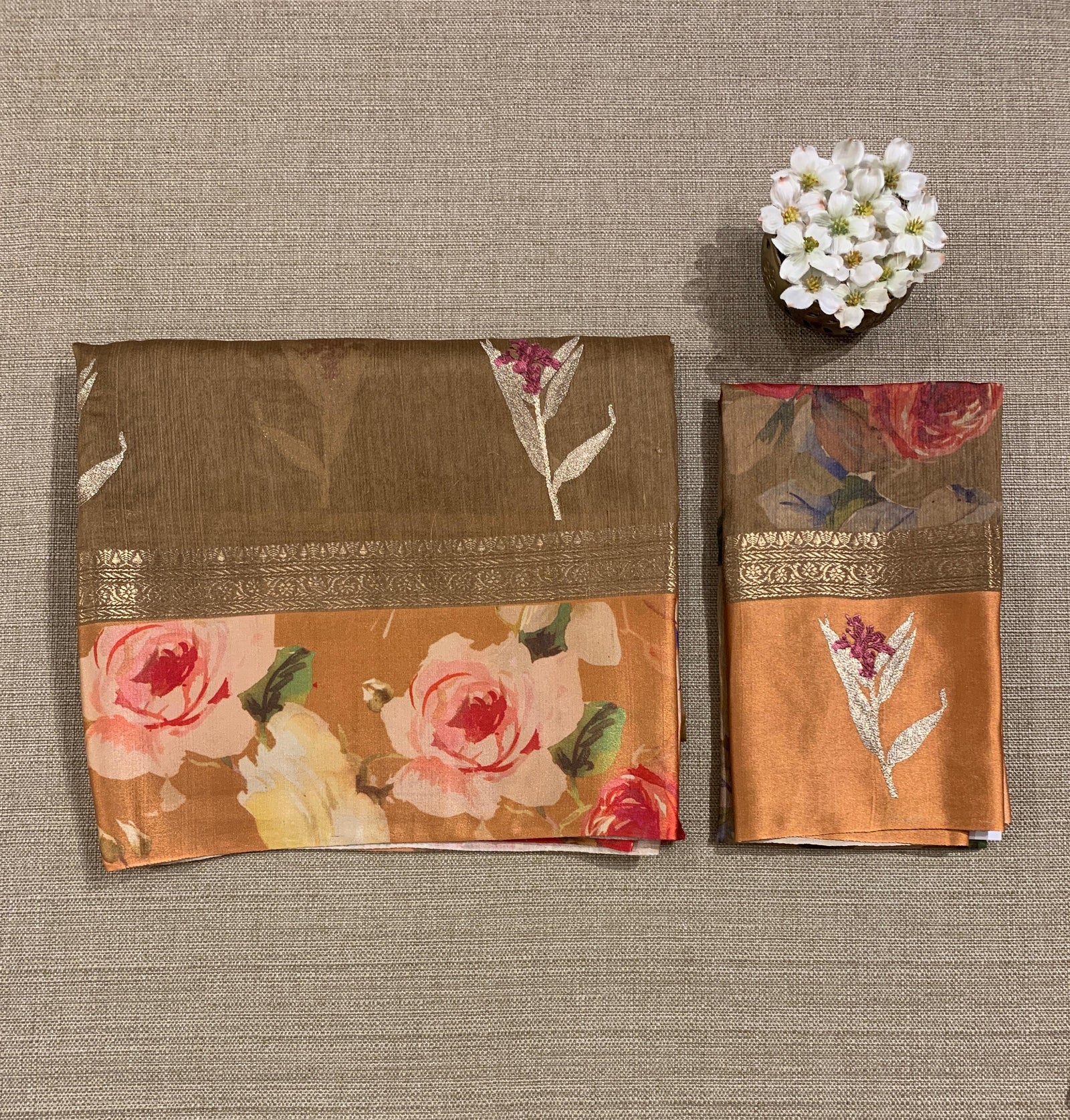 Light Brown Tussar Dhupion Saree with Floral printed mashru borders