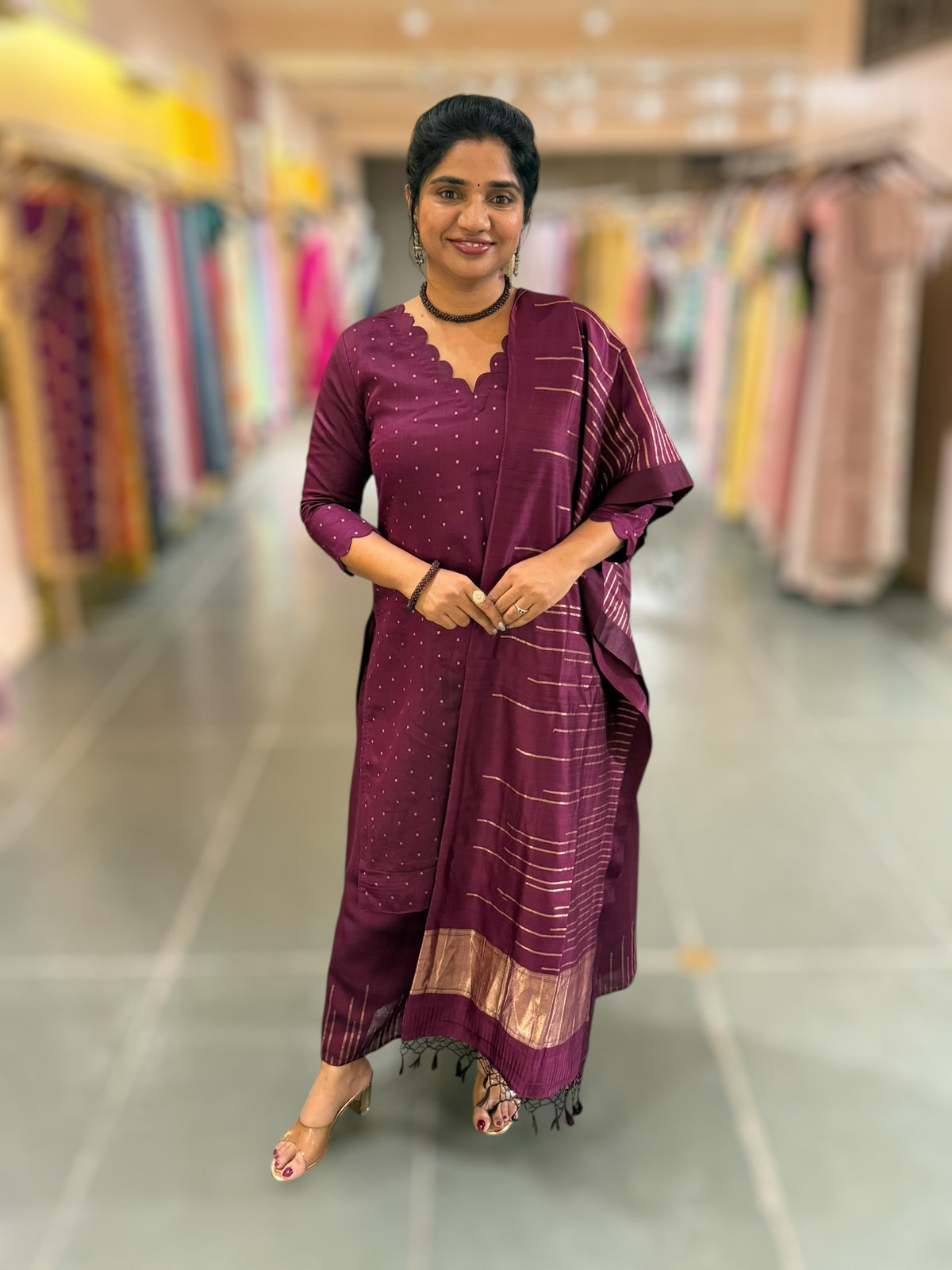 Wine Banarasi Handloom Chiniya Silk 3-pc Suit Set