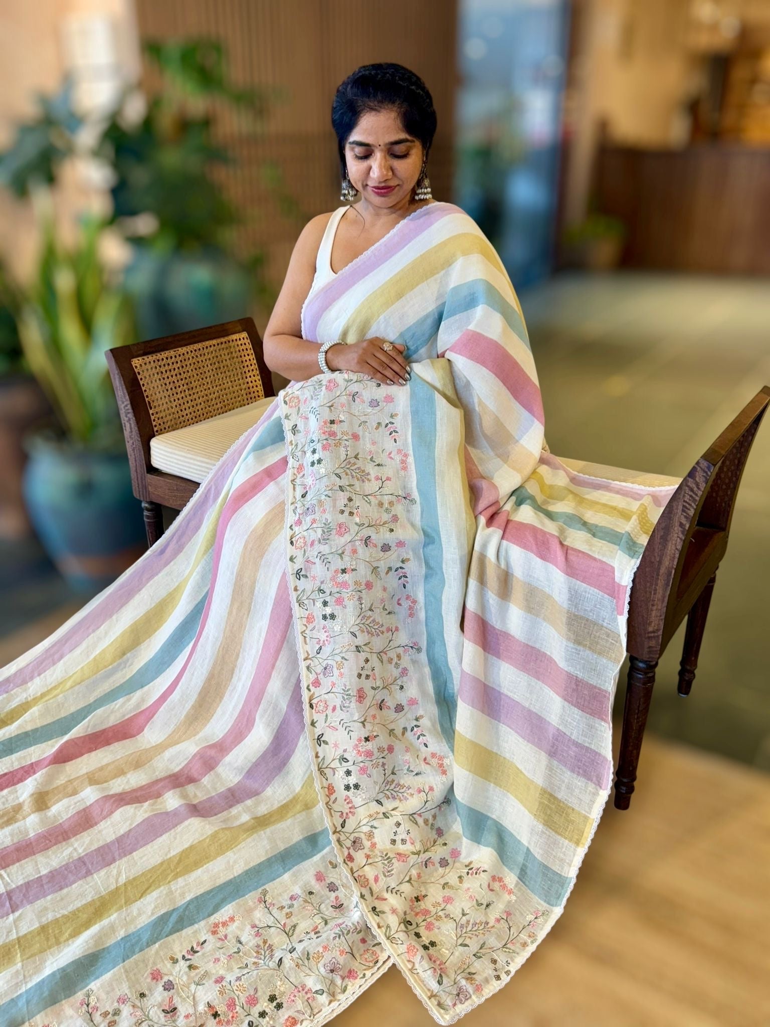 Lenin Saree with Multi Colors stripes and Embroidered Border