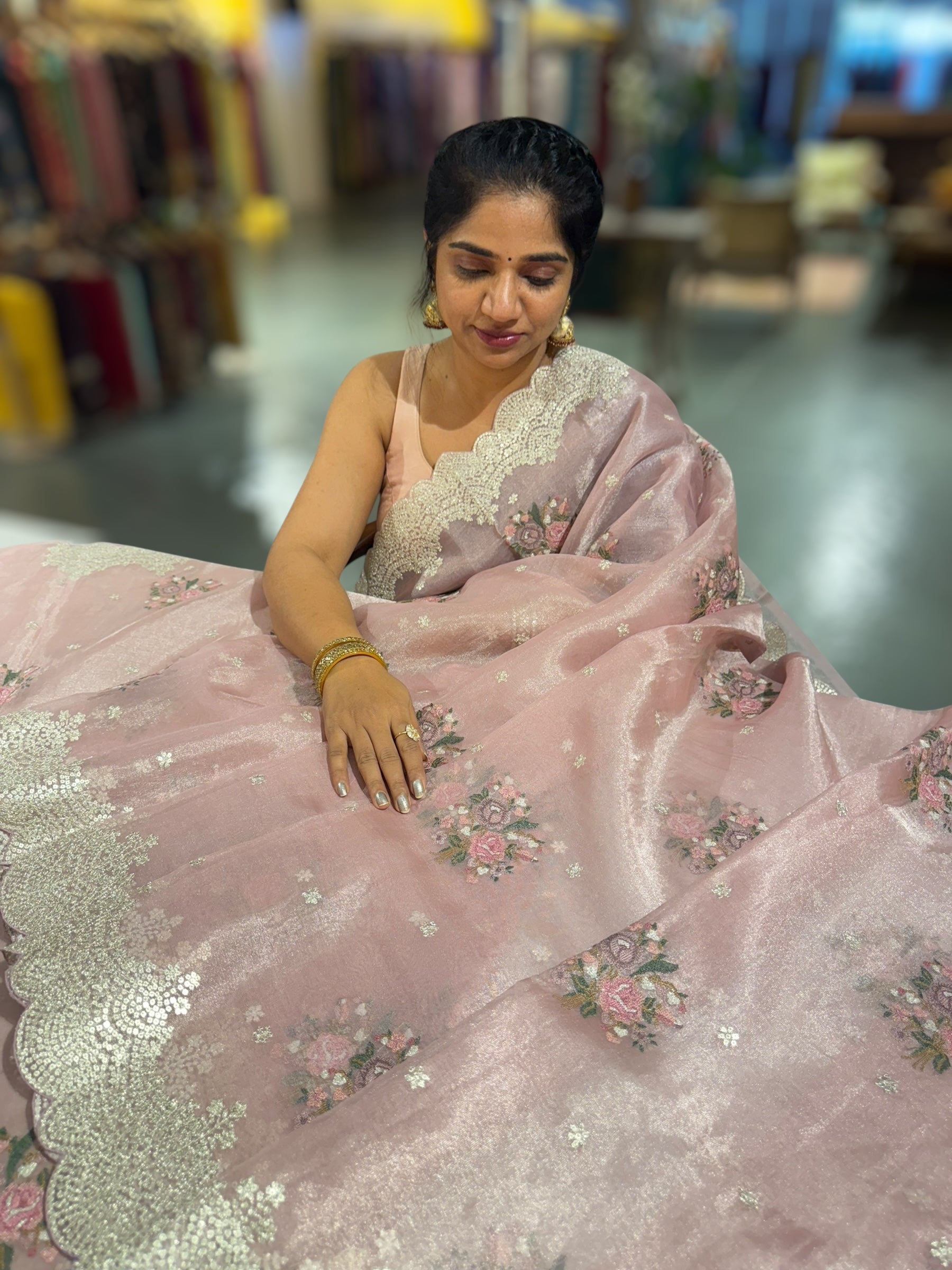 Pink Tissue Saree With allover Petite Point Motifs & Pittai Sequnce Borders