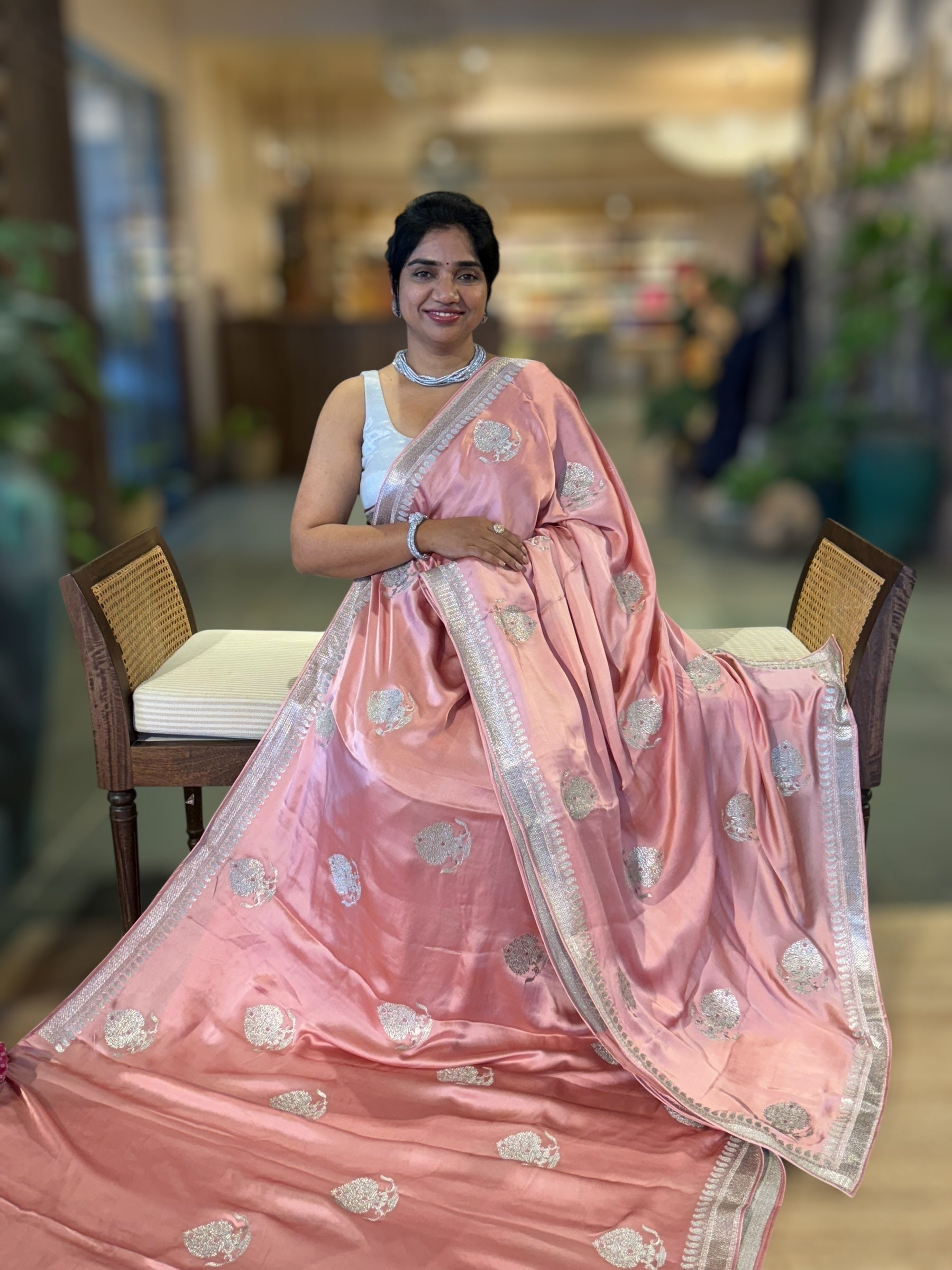 Peach Pink Satin Saree with Embroidery.