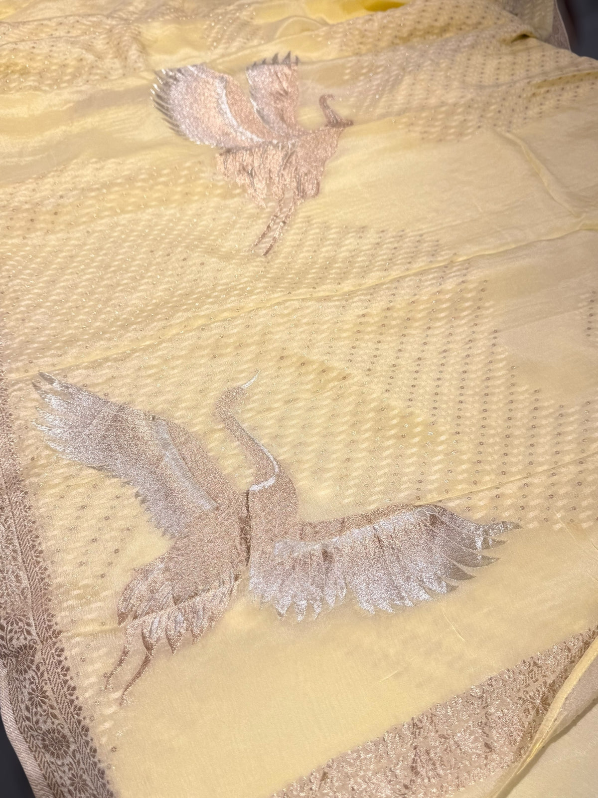 Pastel yellow banarasi chifoon  with bird weaving