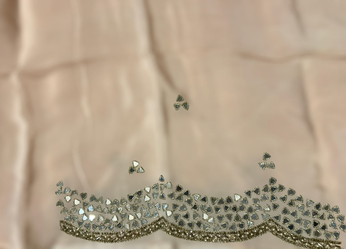 Peach Organza floral Printed Saree with mirrorwork handwork scalloped Border