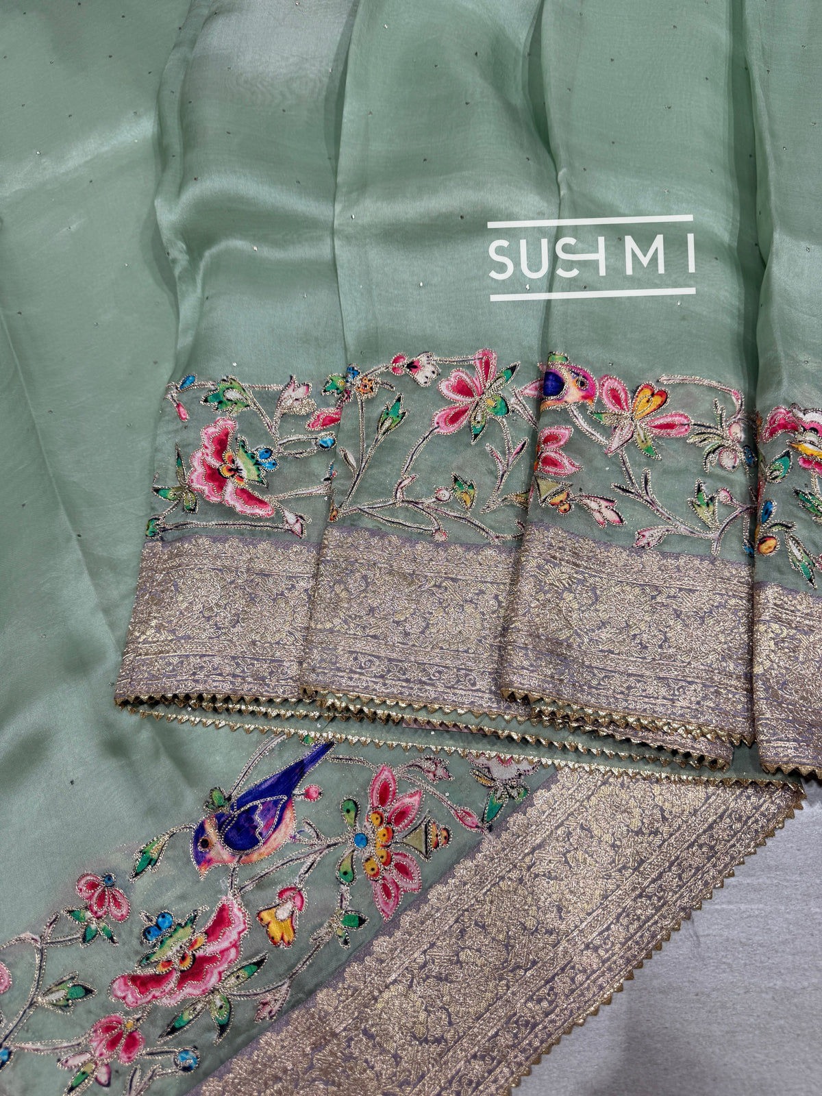Mint Organza Banarasi Fusion Saree with Bird Appliqué : SM021