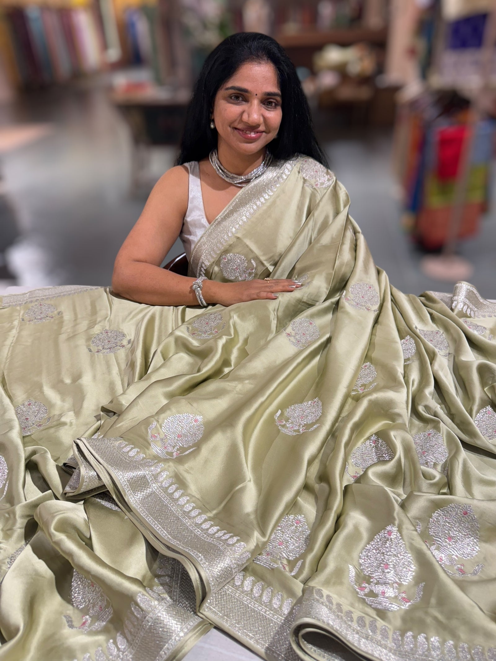 Light Pista Pure Satin Saree with Embroidery.