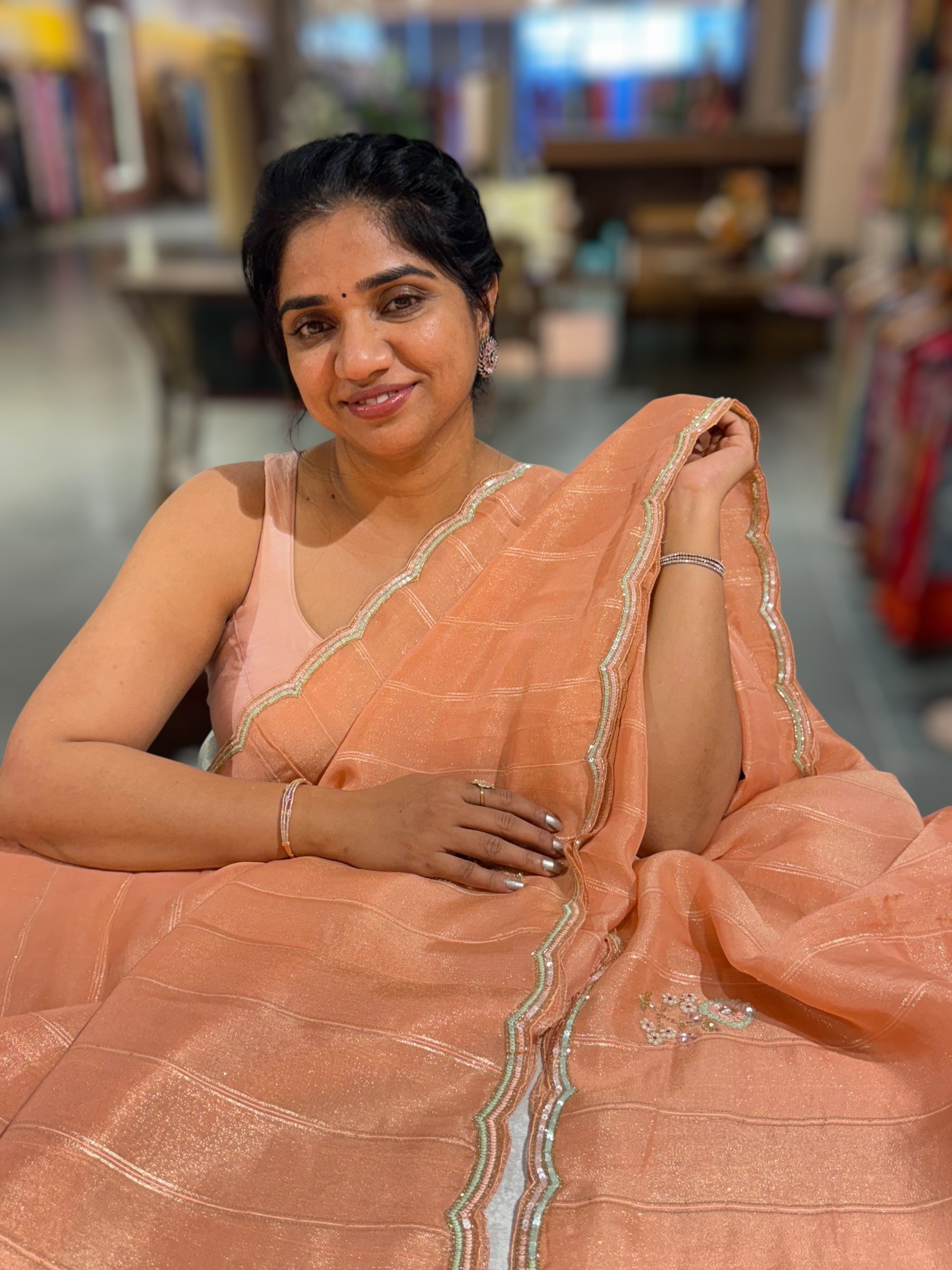 Tissue Gorgette Saree With Handwork Border and Blouse.