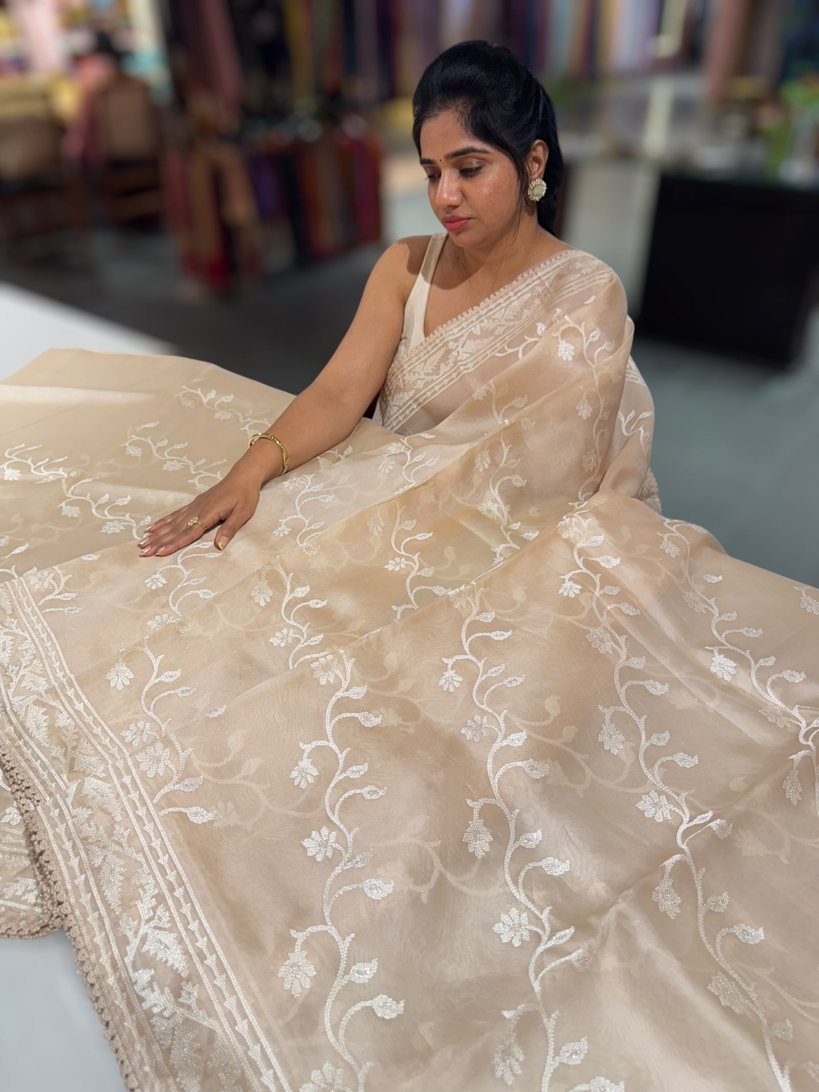 Beige Pure Organza with jamdani inspired embroidery