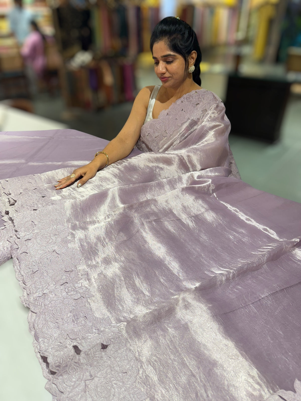 Lilac Banarasi Tissue With Rose Cutwork embroidered Border