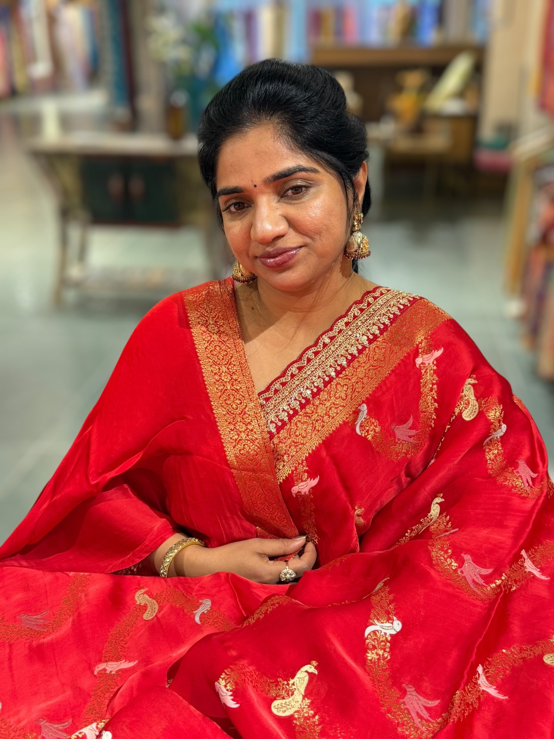 Chilli Red Mashru Silk Saree with allover weaving and Sahbysachi borders and Blouse