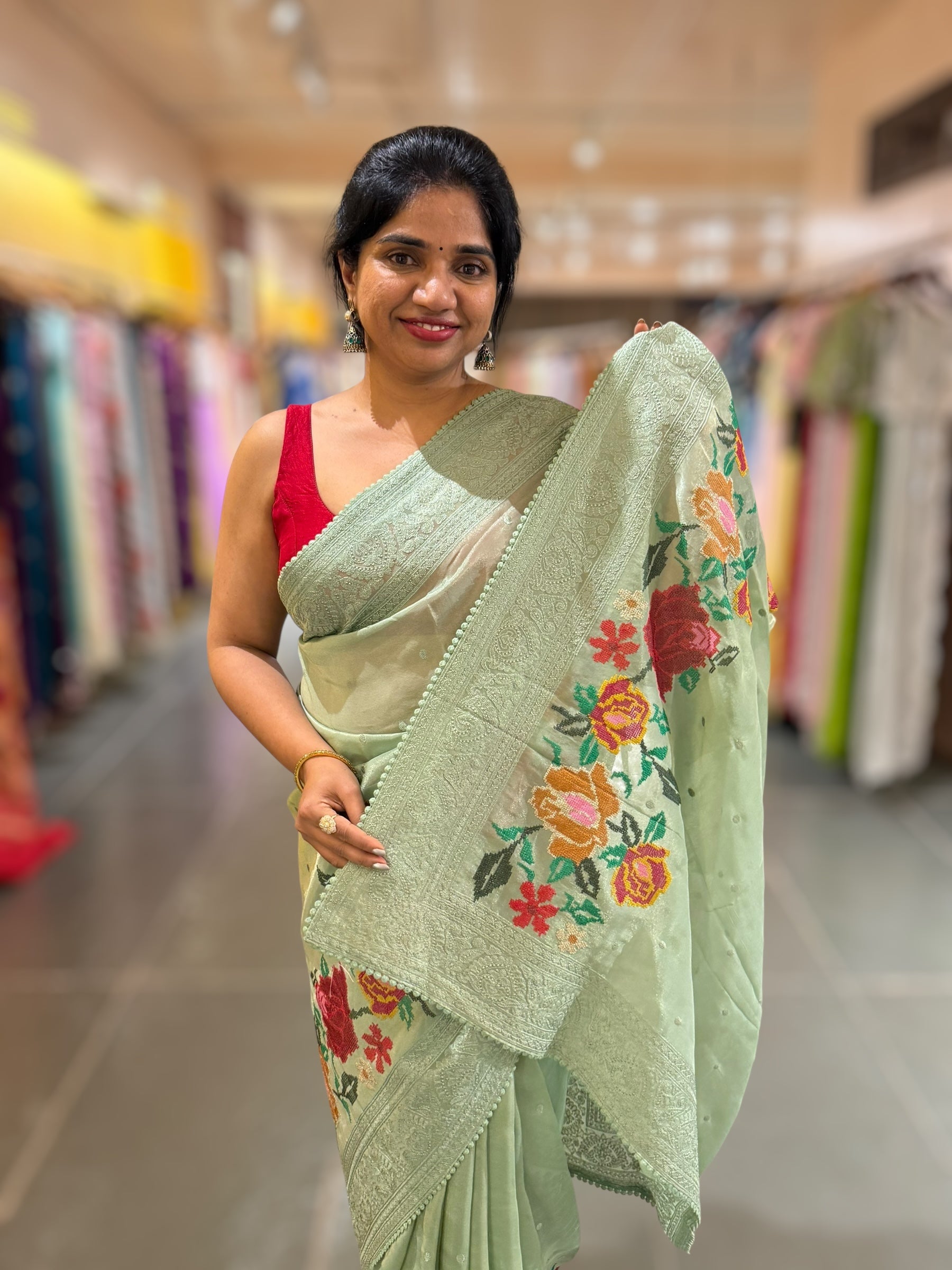 Dhaara : Sage Green Tissue Gorgette Saree