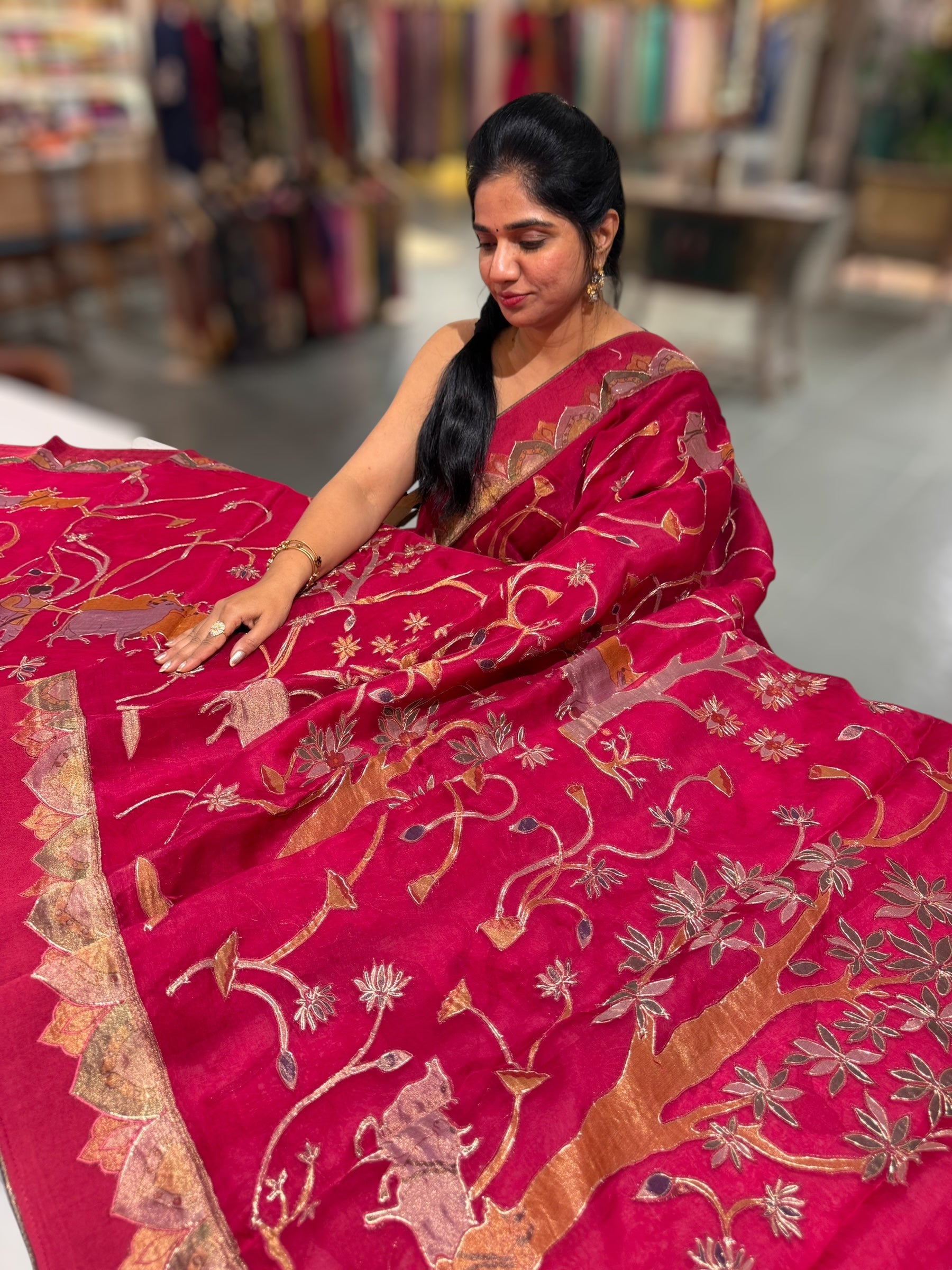 Ruby Pink Designer Organza Saree with Stunning Tissue Applique work Saree with Village theme