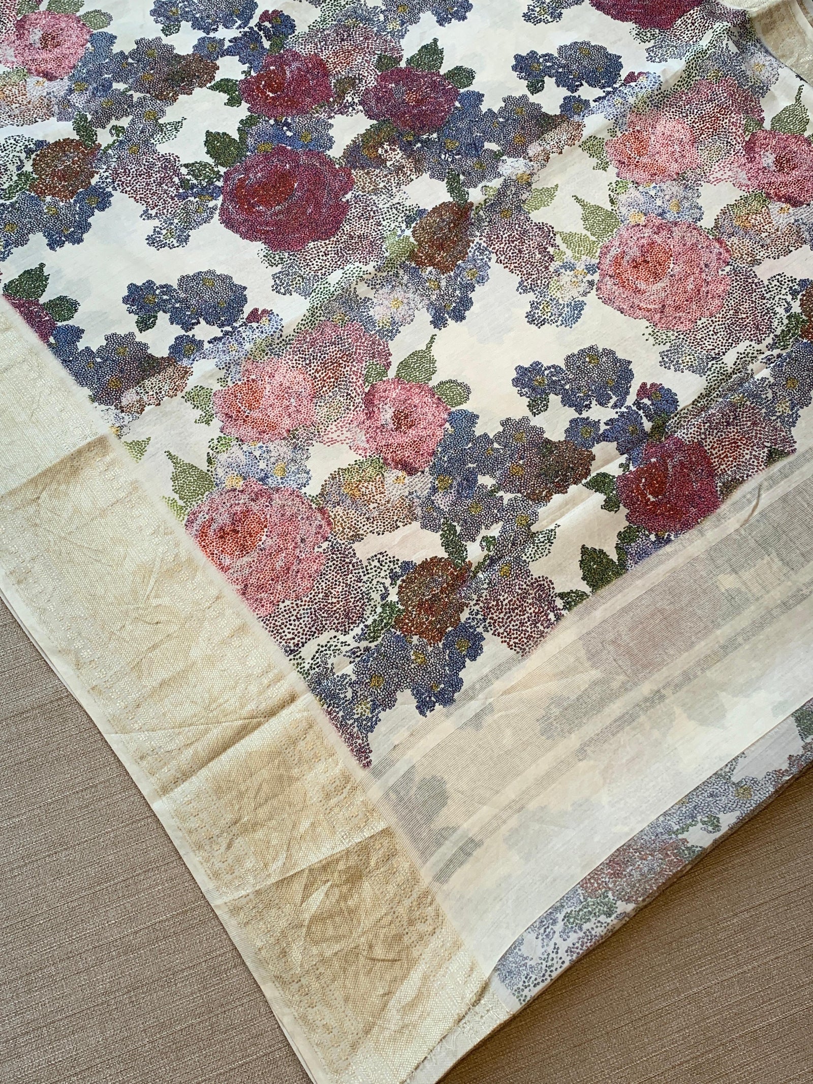 Ivory Pure Handloom Chiniya Silk Saree with stunning 3D Floral Print and zari borders