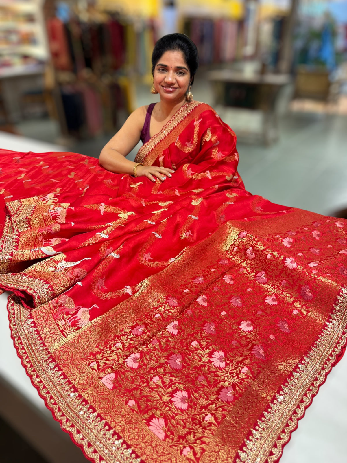 Chilli Red Mashru Silk Saree with allover weaving and Sahbysachi borders and Blouse