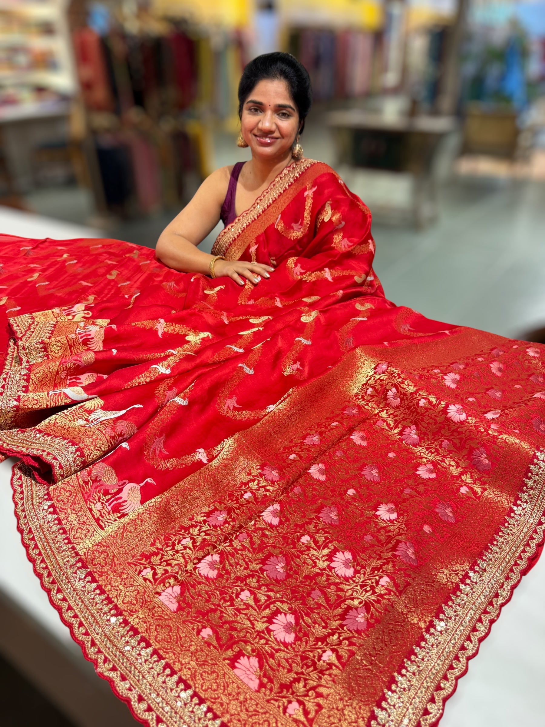 Chilli Red Mashru Silk Saree with allover weaving and Sahbysachi borders and Blouse