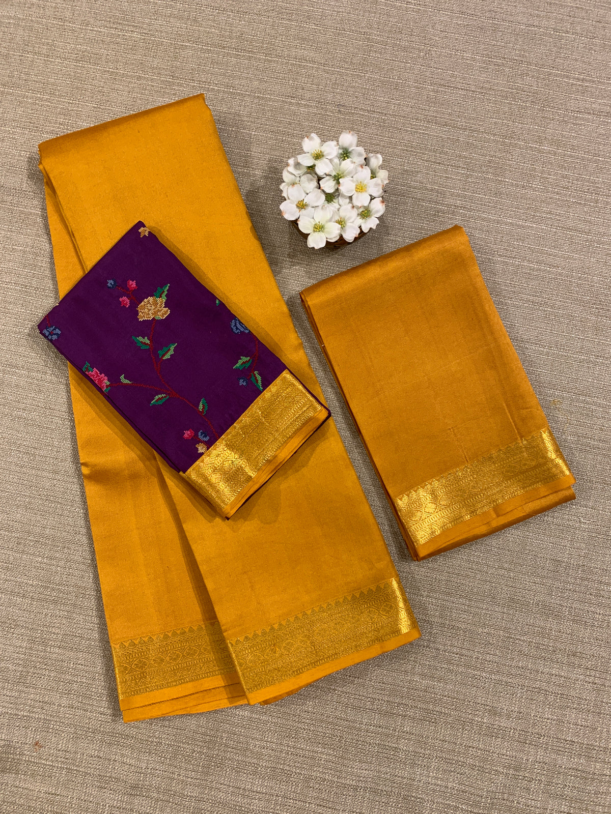 Mustard Kanchi Vintage Saree with Petite Point Embroidered Blouse