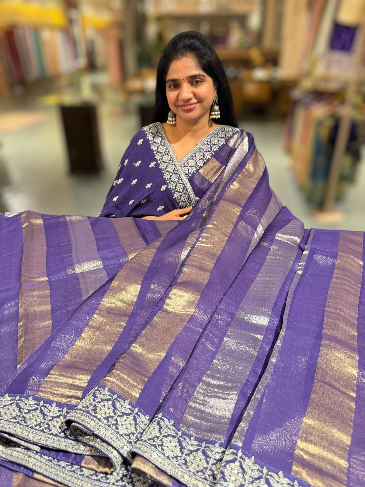 Brinjal Kora tissue stripes saree