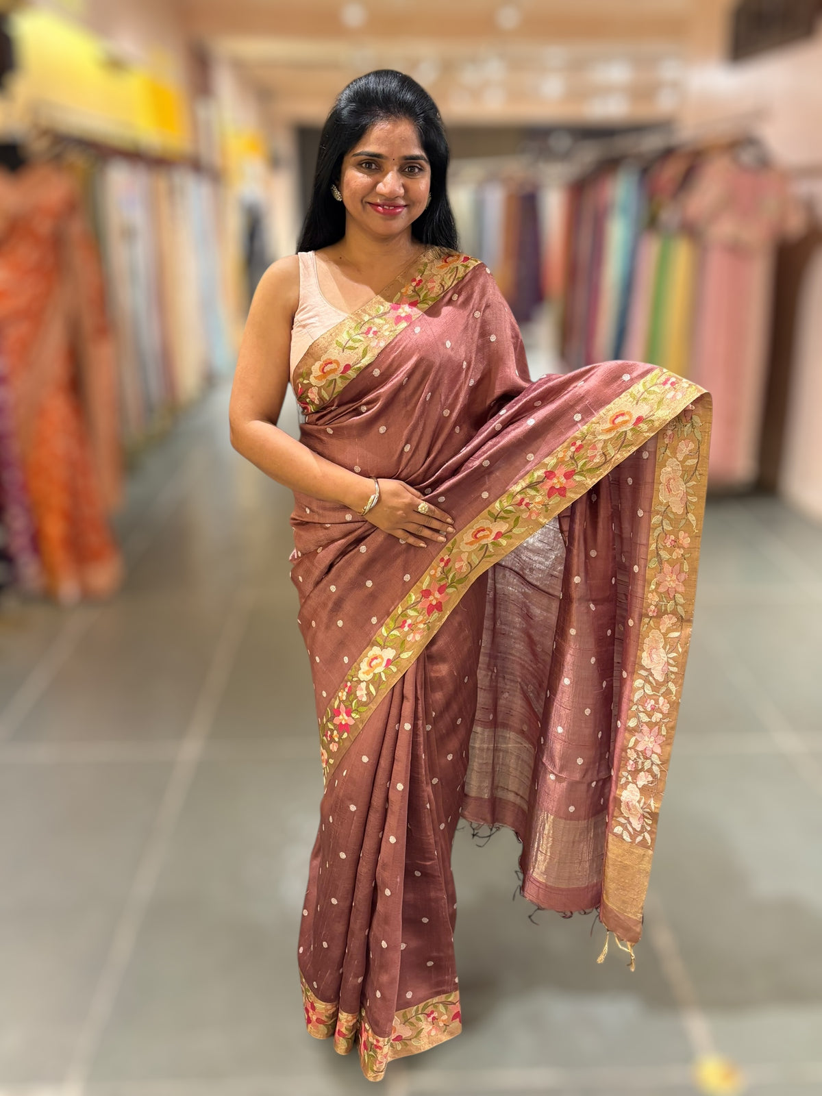 English Brown Raw Silk Saree with Embroidery