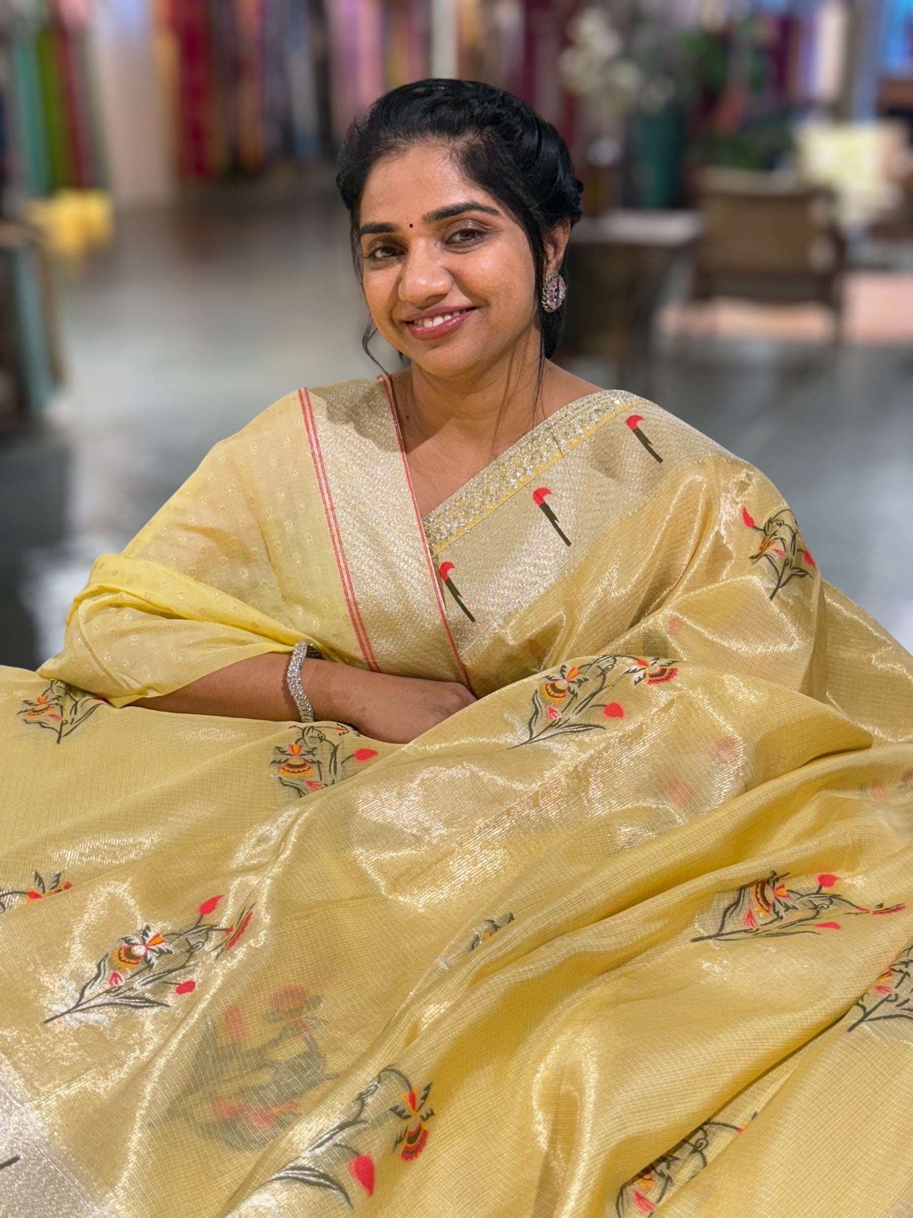 Pastel Yellow Tissue Kota Saree With sabhyasachi Borders and Blouses
