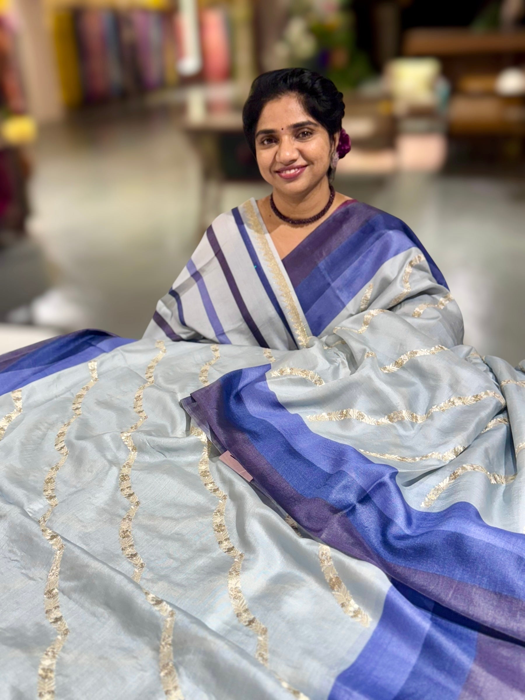 Powder Blue Embroidered Tussar Saree