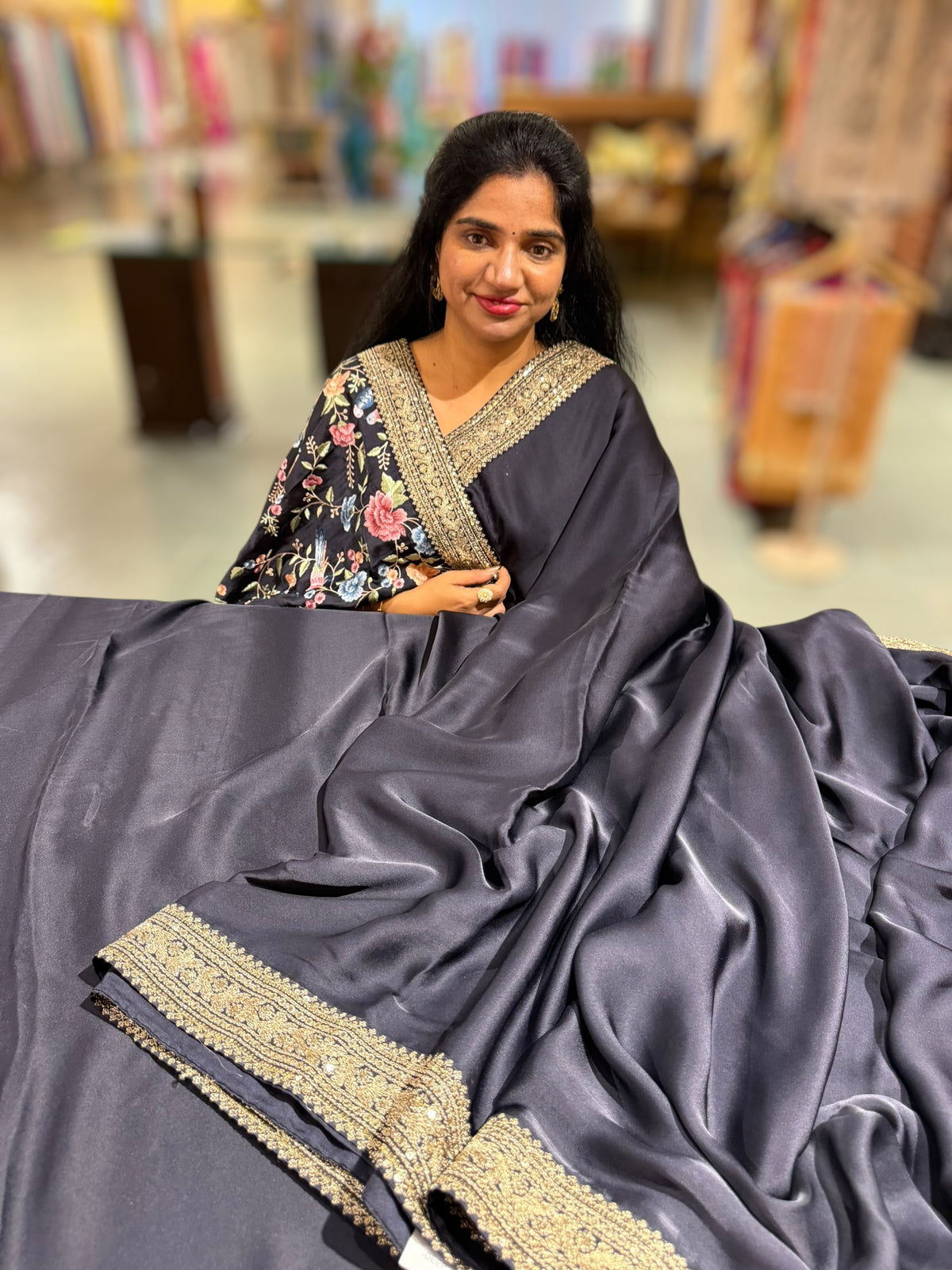 Midnight Blue Pure Satin Saree with Sabhyasachi Borders
