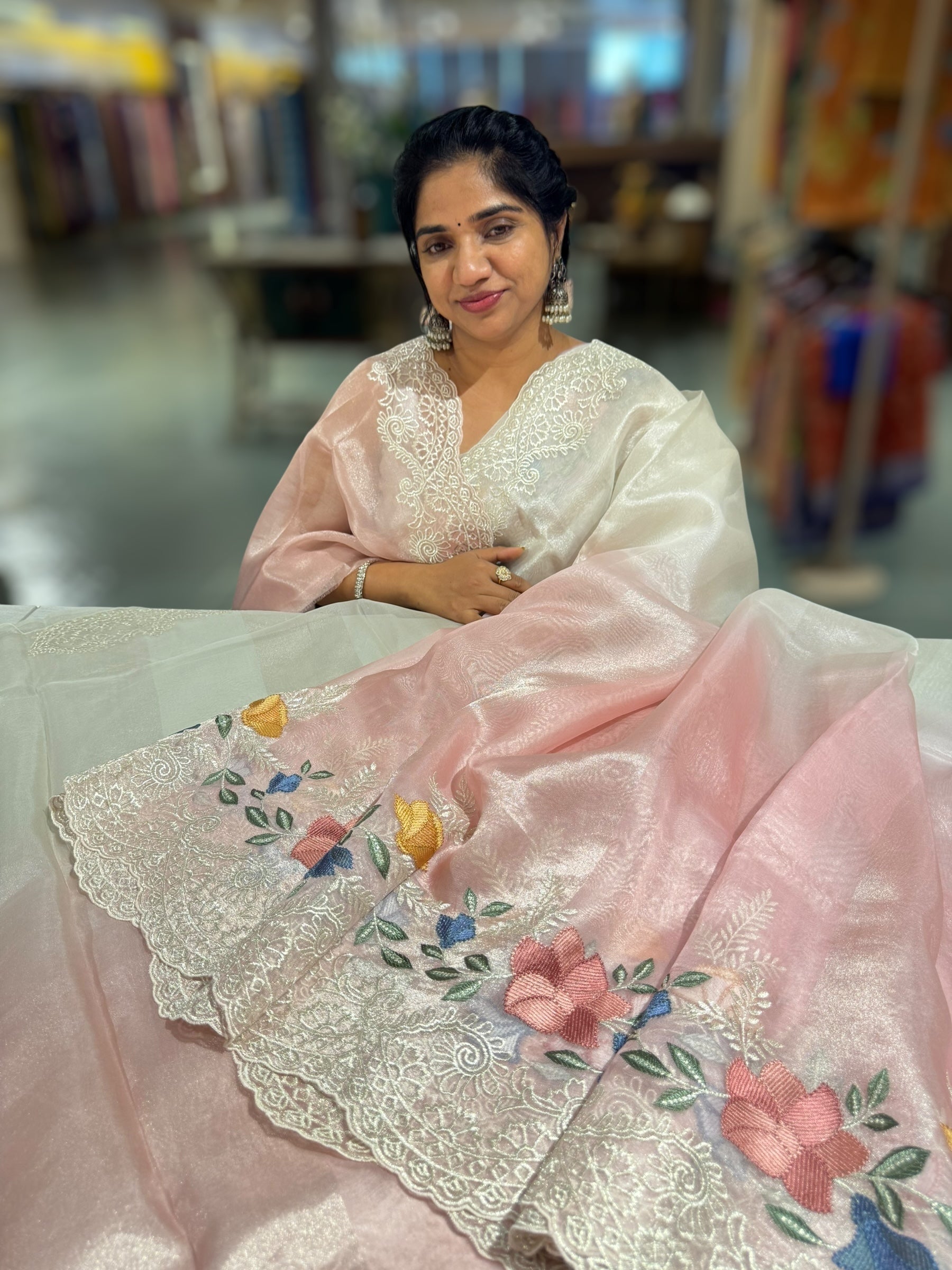 Pastel Pink & Silver Ombre dyed Tissue Saree with Cutwork embroidered Borders