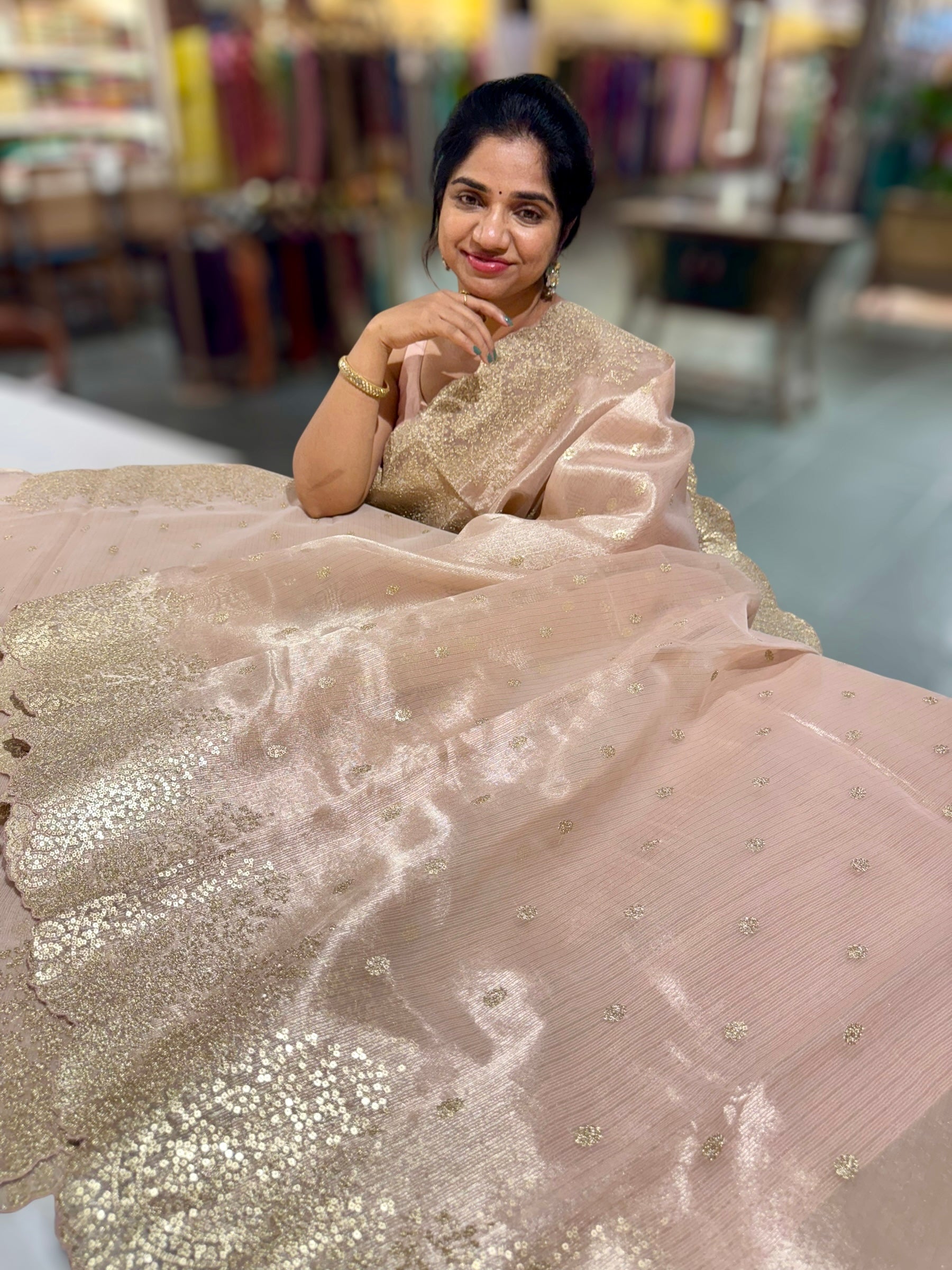 Pastel Pink Tissue Saree with Heavy Sequence Embroidered Scallop Border