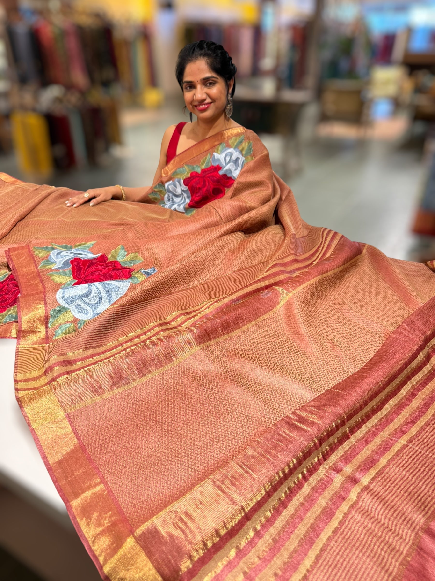 Rust Tussar Brocade Saree With Statement Red Rose Embroidery.
