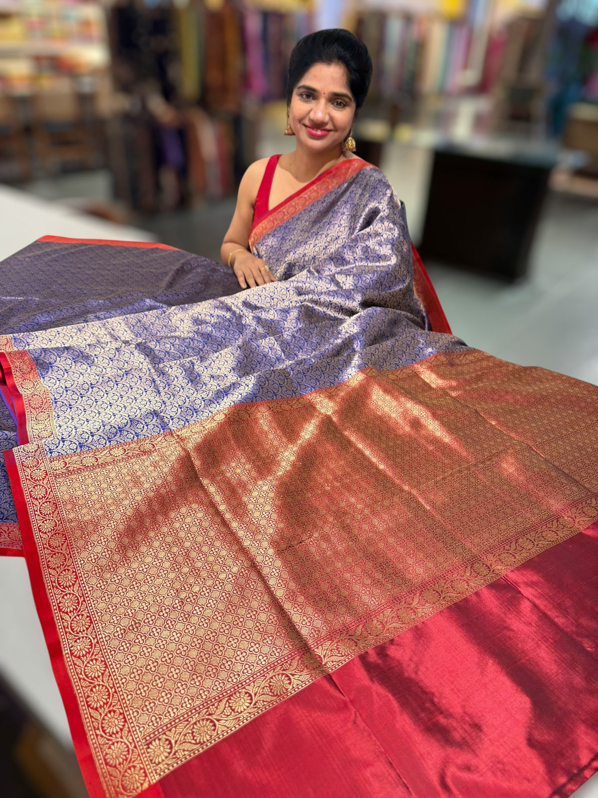 Royal blue Banarasi katan Tonchoi weaving Saree with red Mashru borders