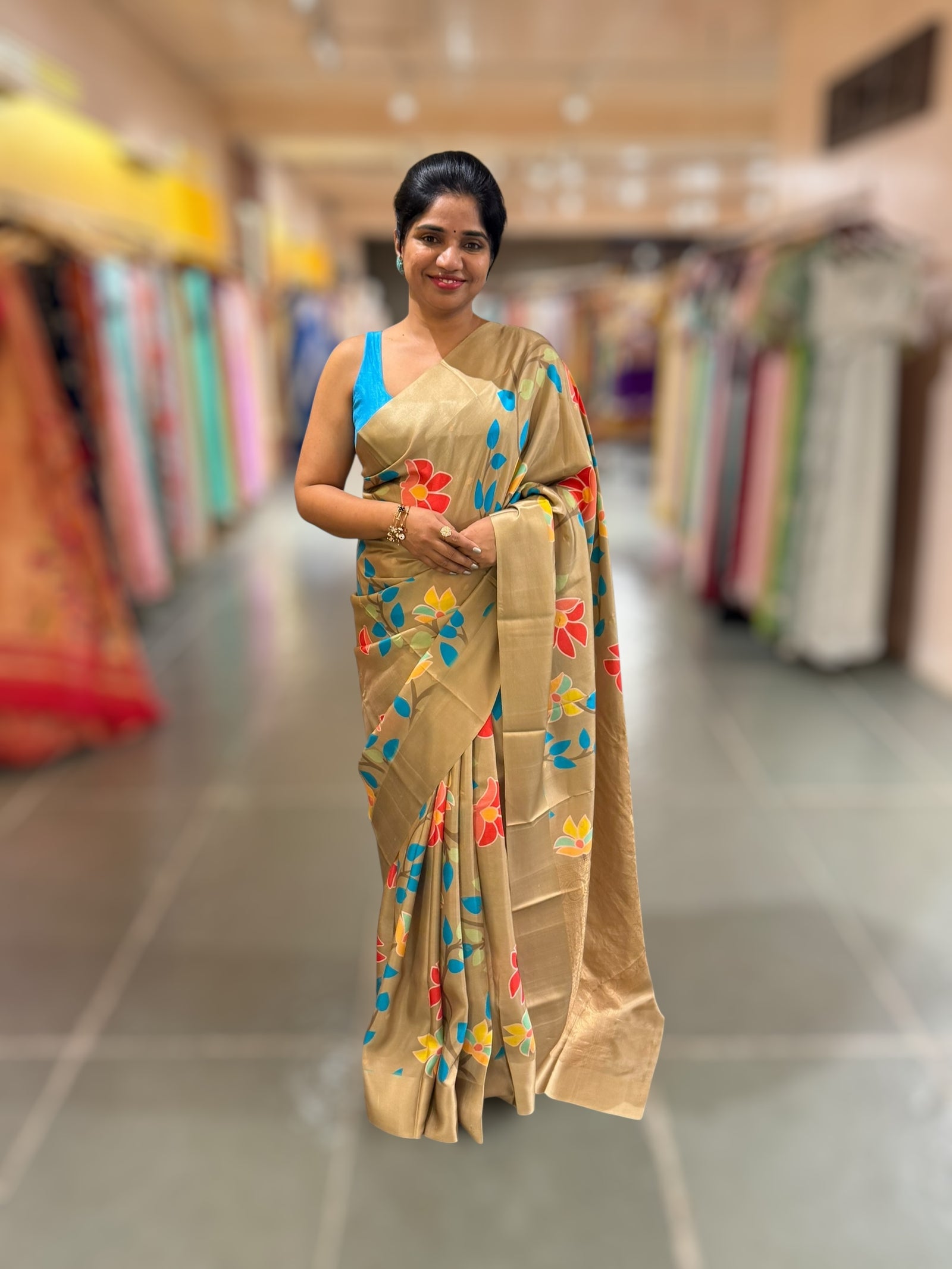 Gold Kanchi Soft Silk Saree with ajamdani inspired print