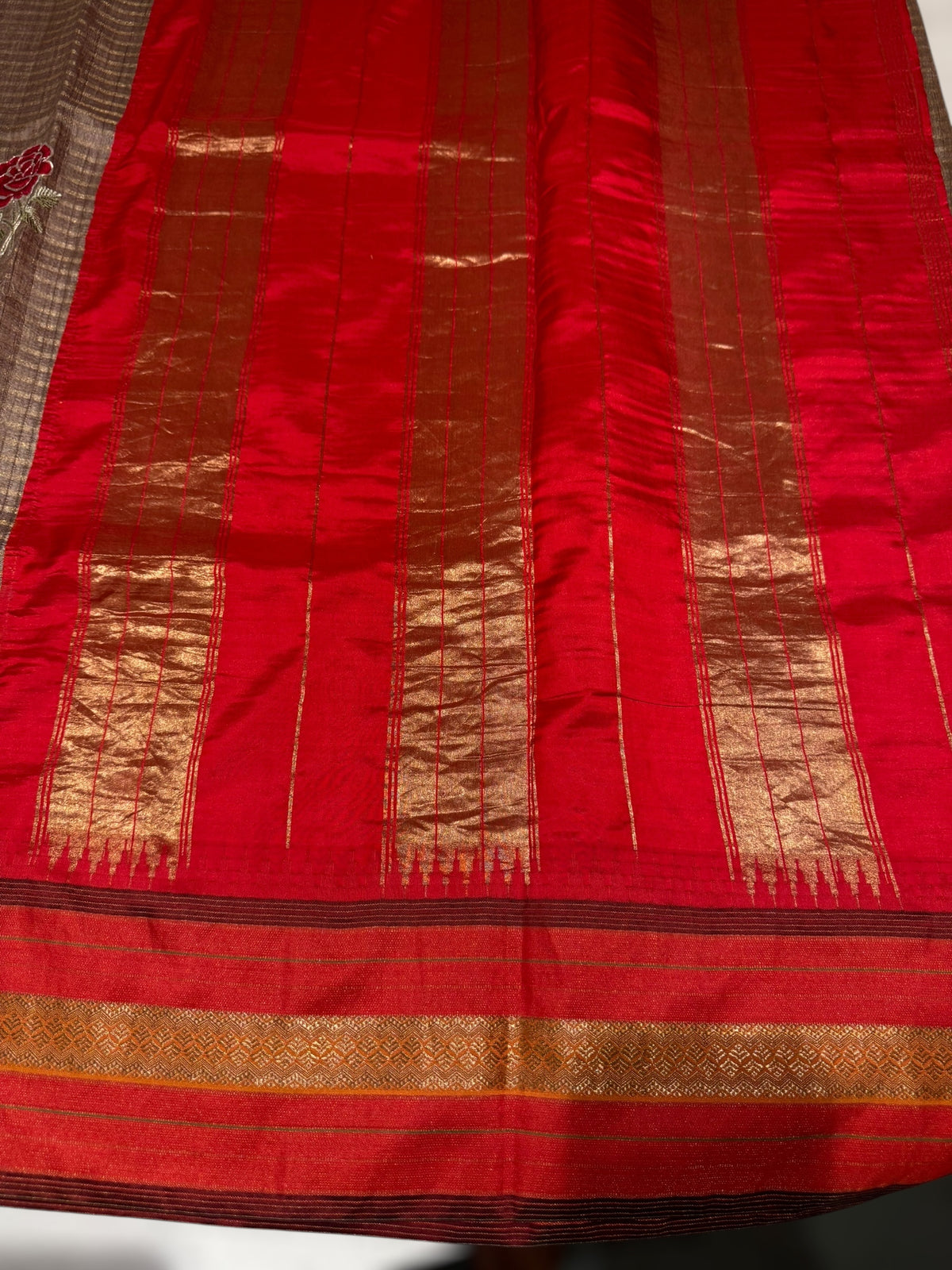 Chickoo Tussar Tissue and Silk fusion Saree with embroidery