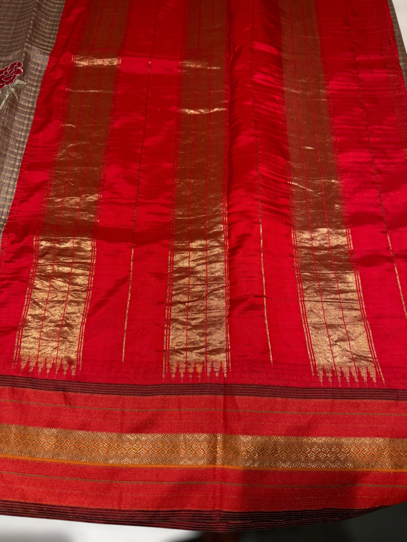 Chickoo Tussar Tissue and Silk fusion Saree with embroidery