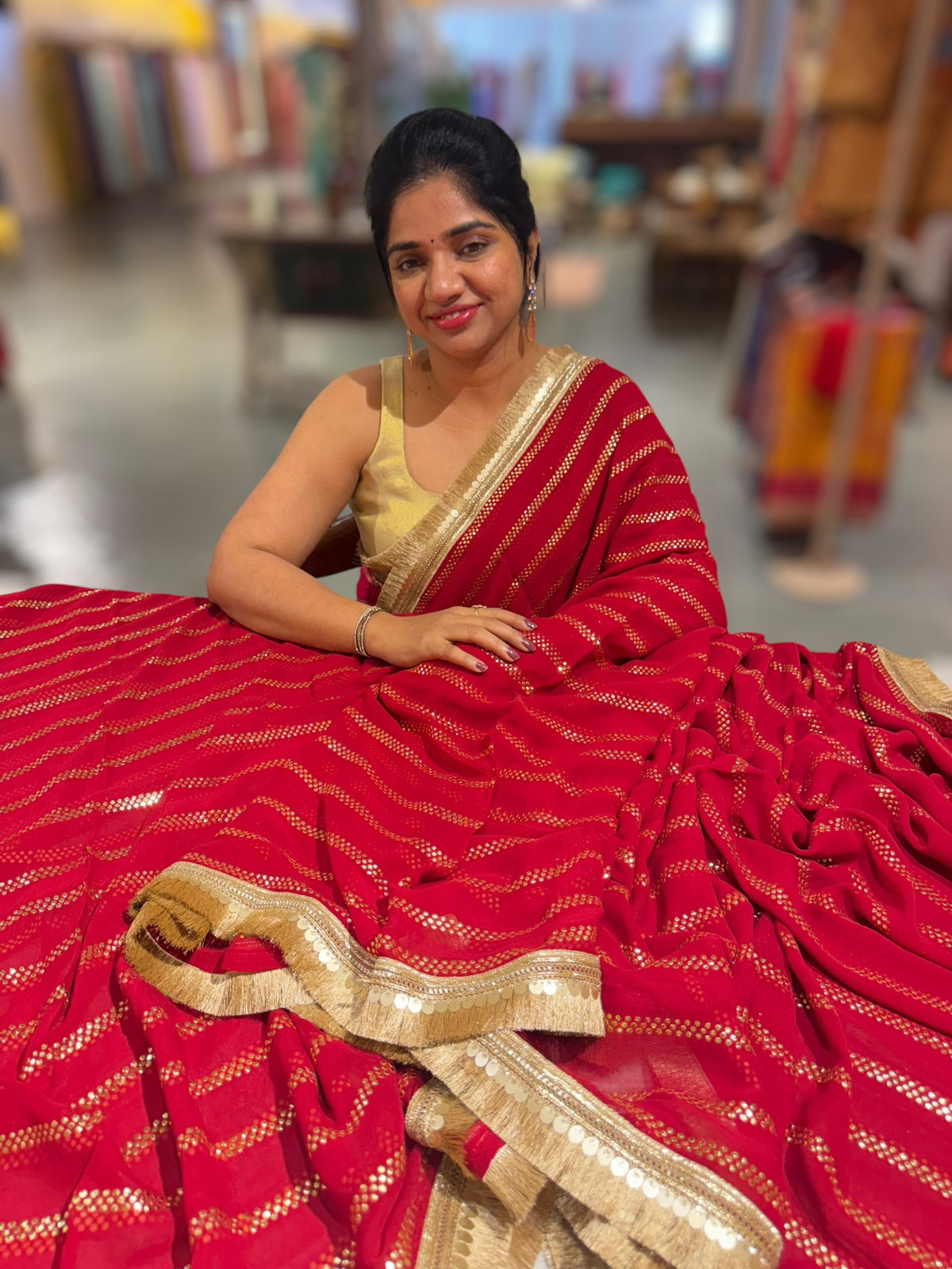 Dark Red Georgette Saree with badla sequnce stripes: S62F074