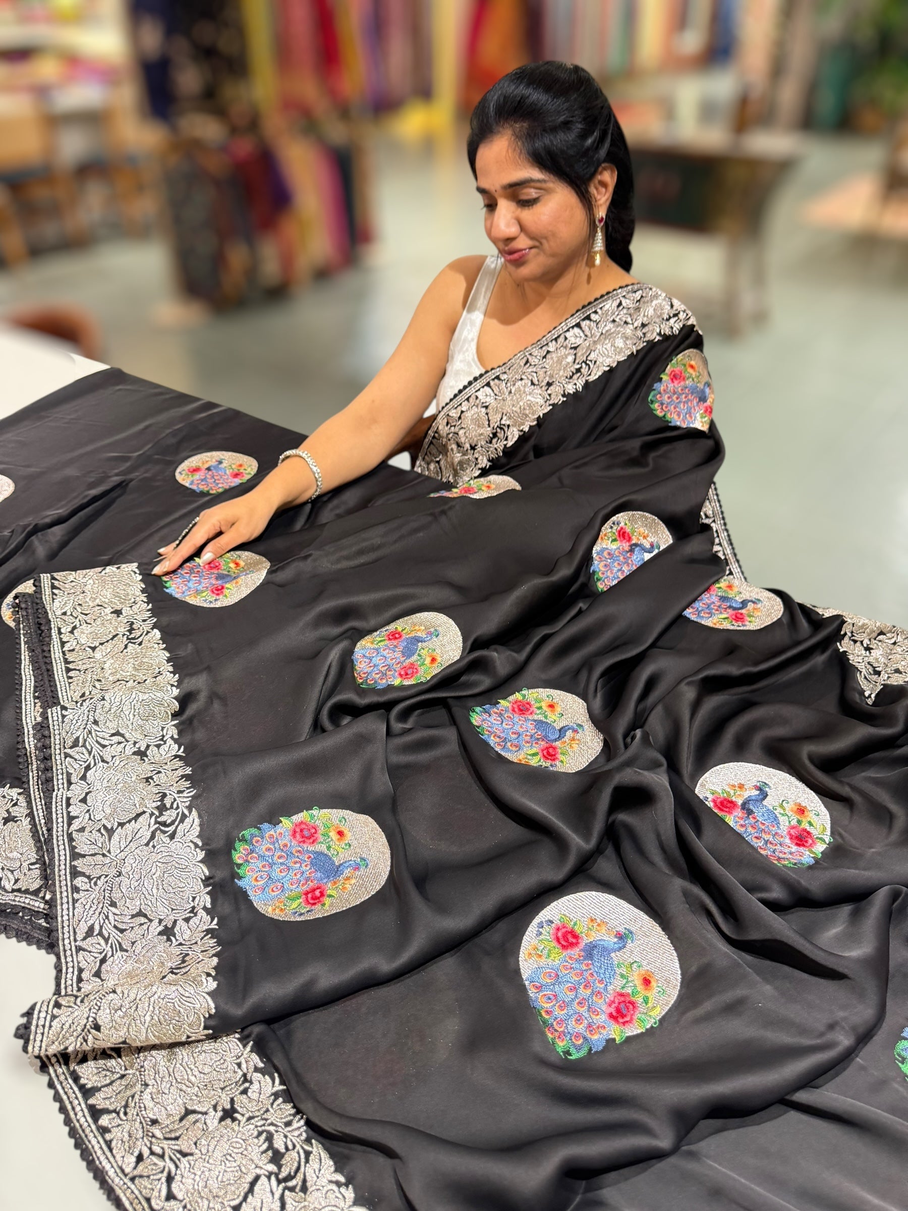 Black Designer Satin Saree with stunning embroidered border & motifs