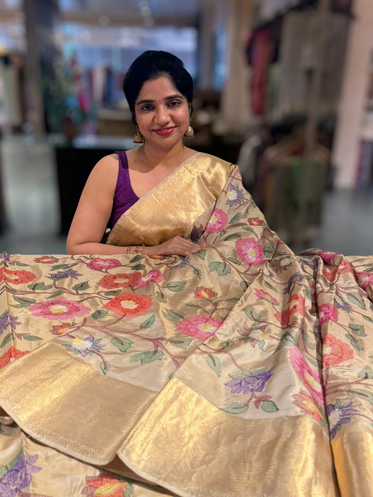 Beige Kanchi Soft Silk Saree with allover jamdani inspired embroidery