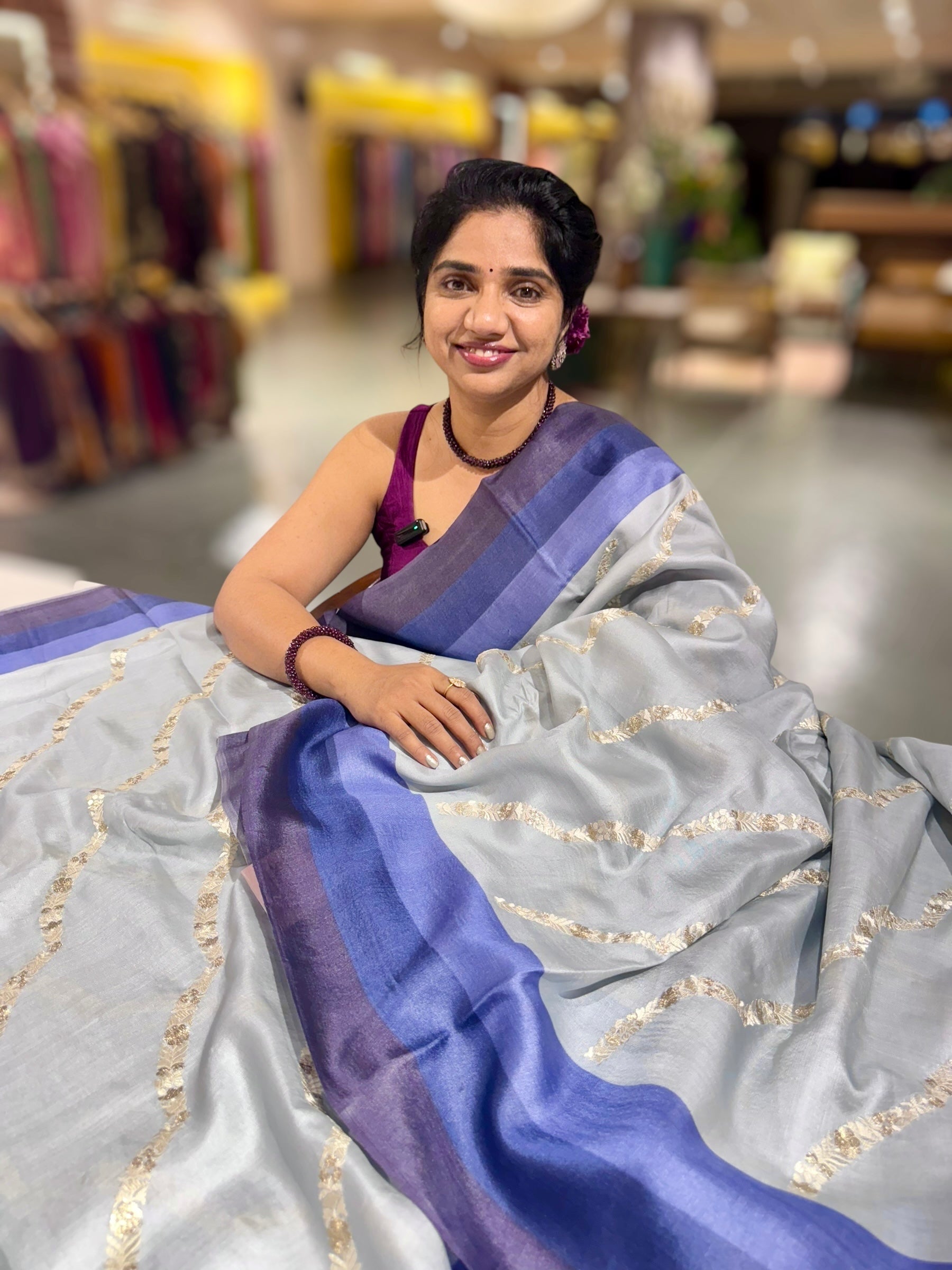 Powder Blue Embroidered Tussar Saree