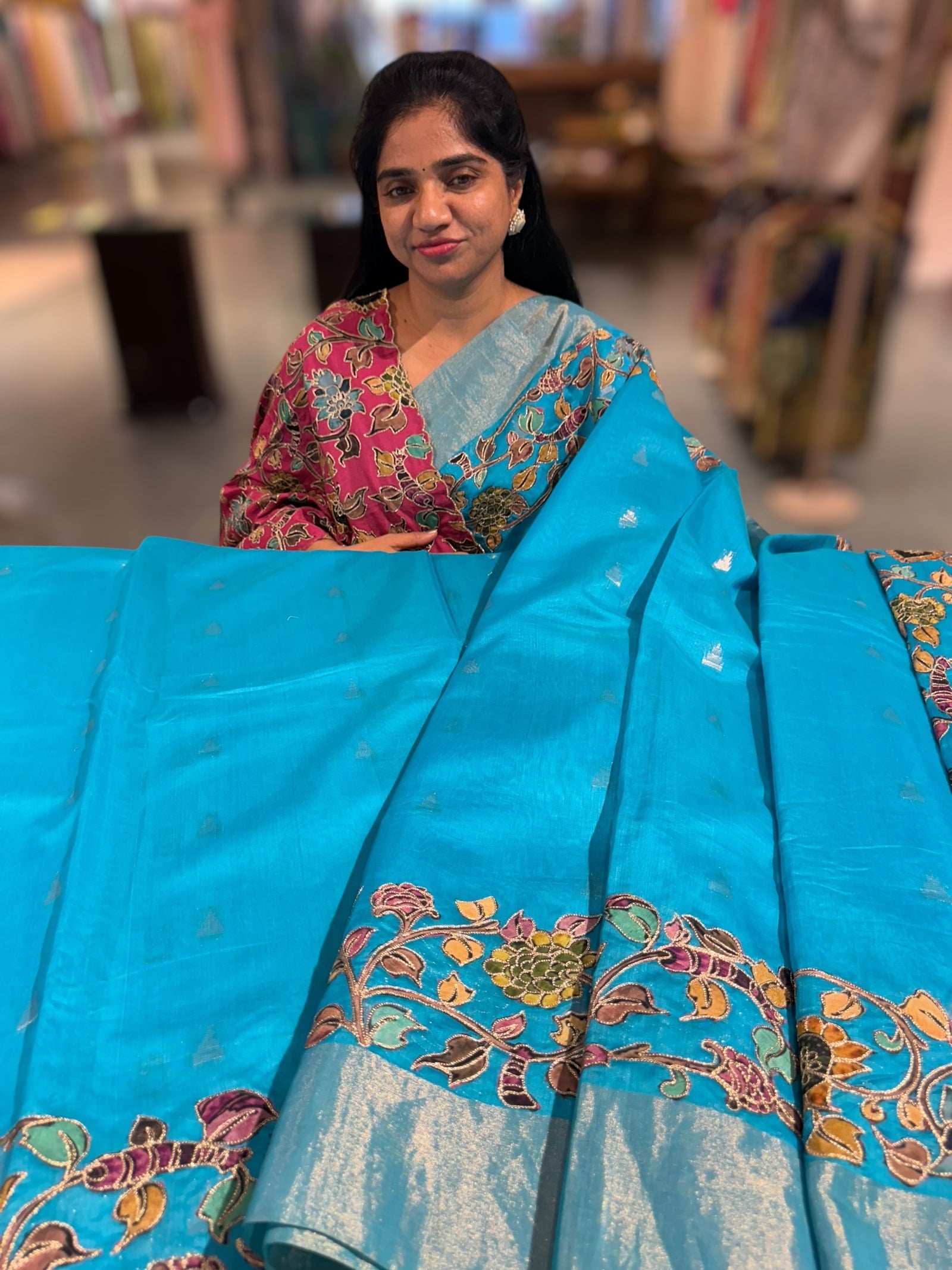 Copper sulphate chanderi silk saree with kalamkari applique border