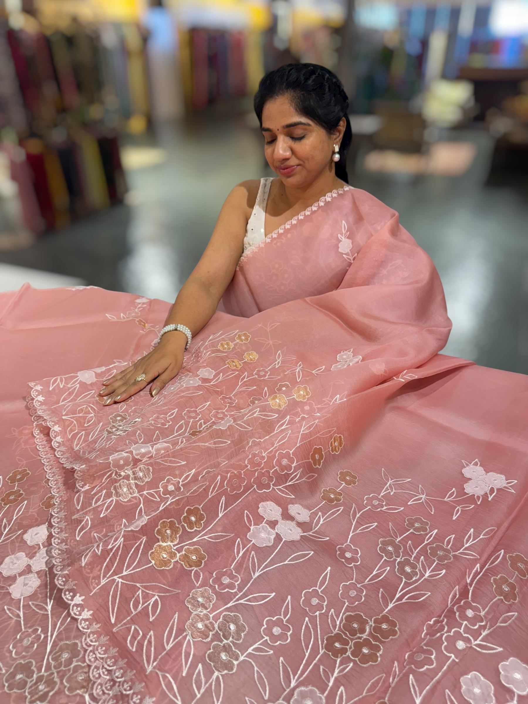 Peach Pink Organza Saree With Tissue Applique Work