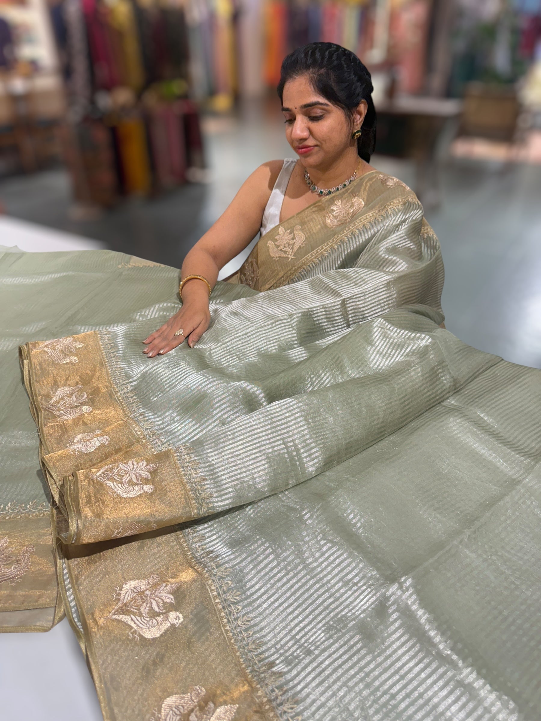 Mint Kora tissue silver stripes Saree with double parrot  embroidered tissue border