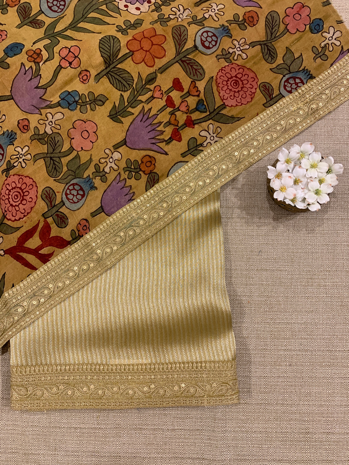 Dusty Yellow Banarasi tonchoi with pen kalamkari Blouses