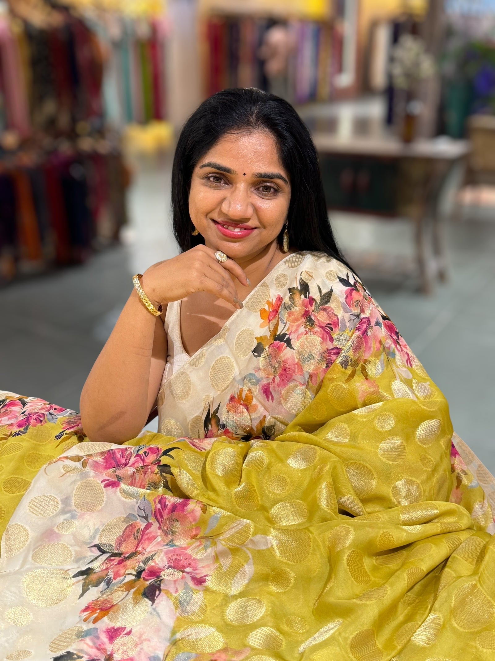 Lemon Green Banarasi Kora Gorgette Polka dot Printed Saree