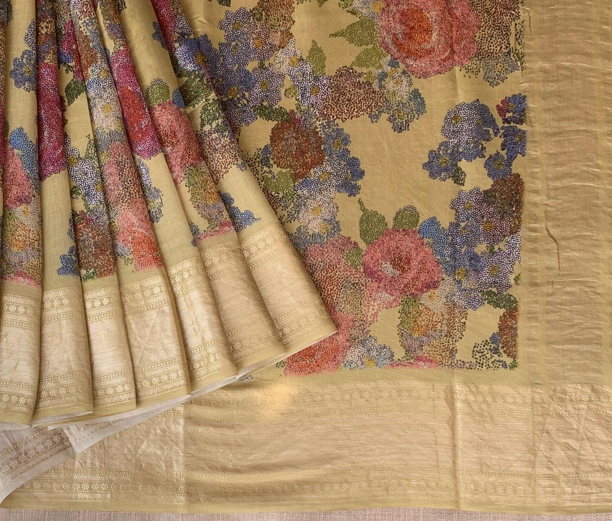 Pista Green Pure Handloom Chiniya Silk Saree with stunning Floral Print and zari borders