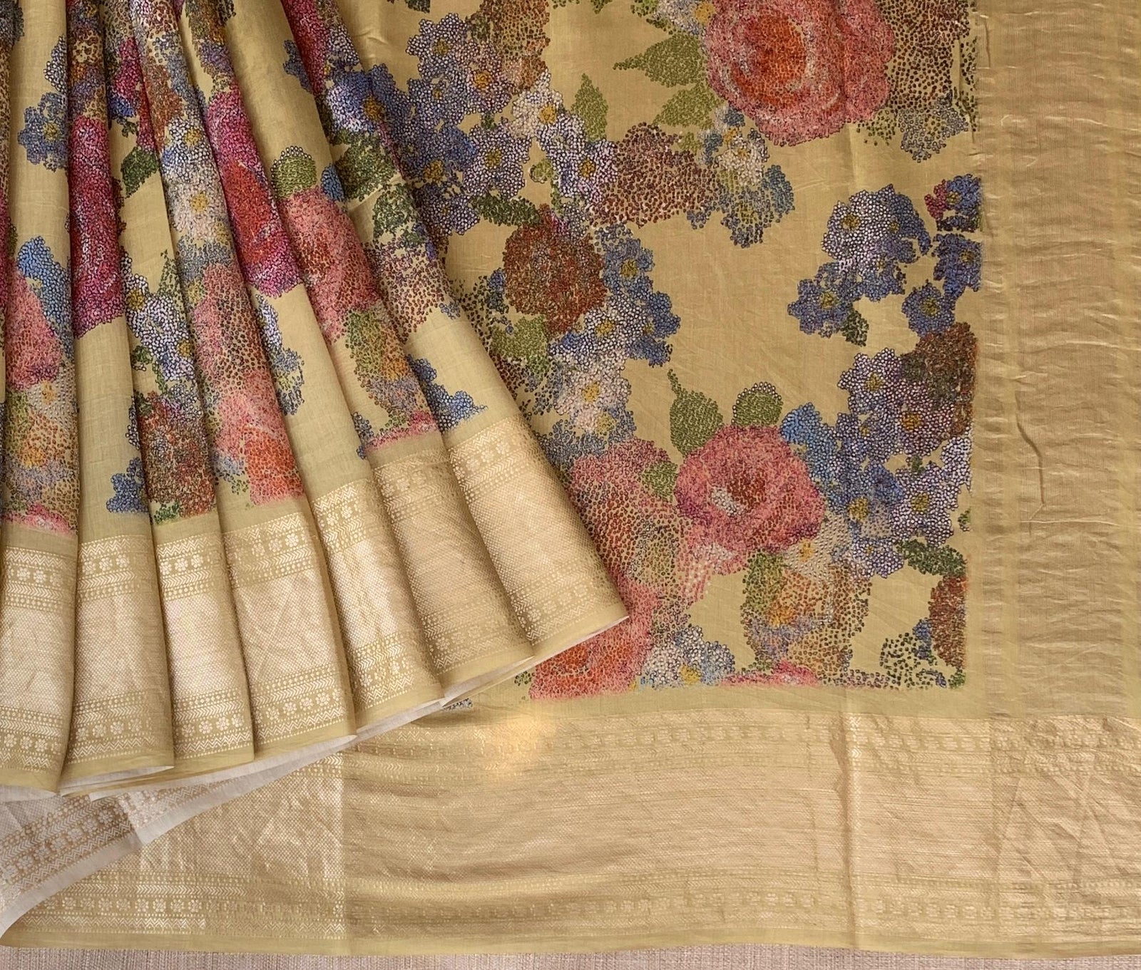 Pista Green Pure Handloom Chiniya Silk Saree with stunning Floral Print and zari borders