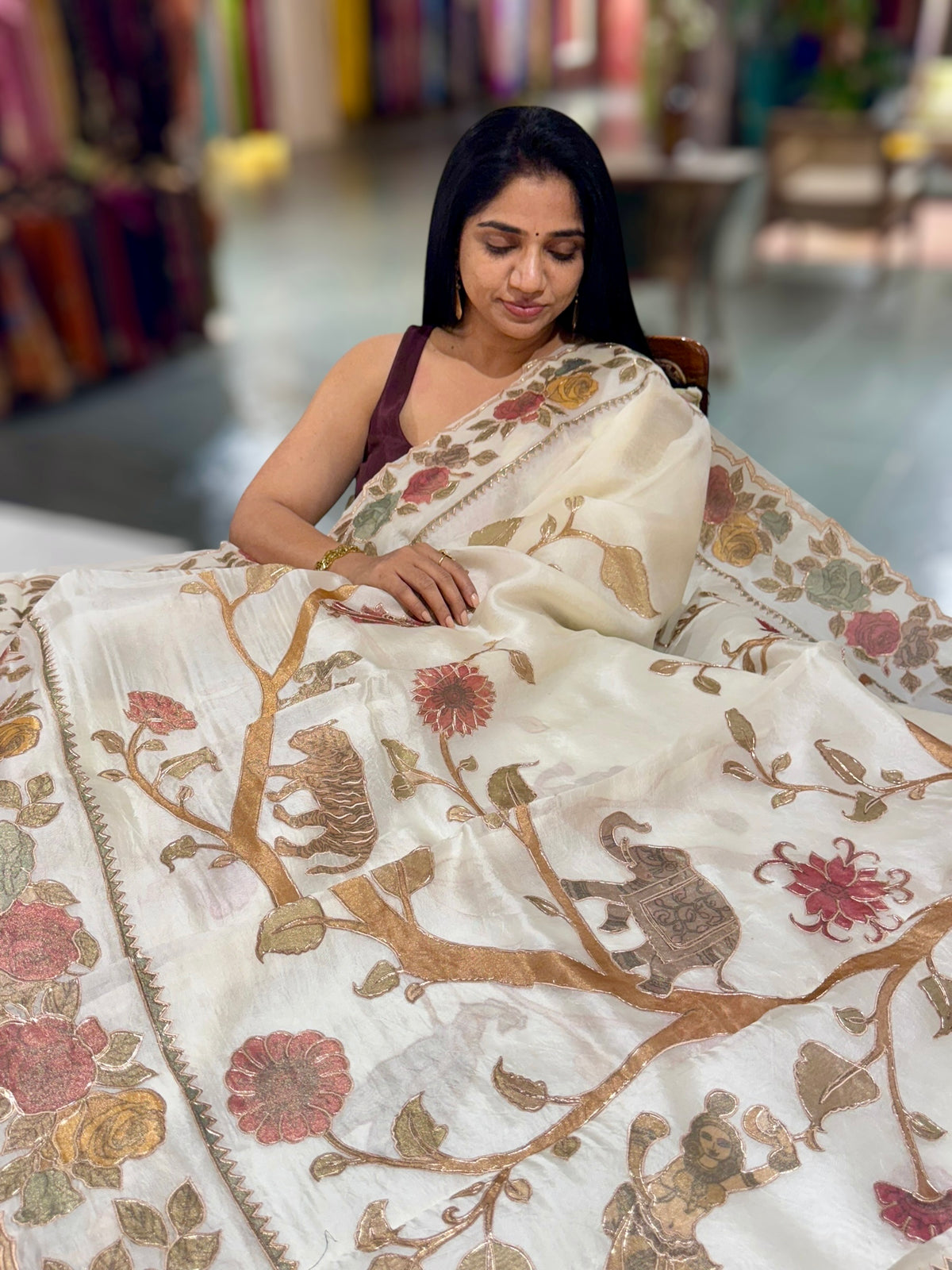 Ivory Pure Organza Applique Work Saree