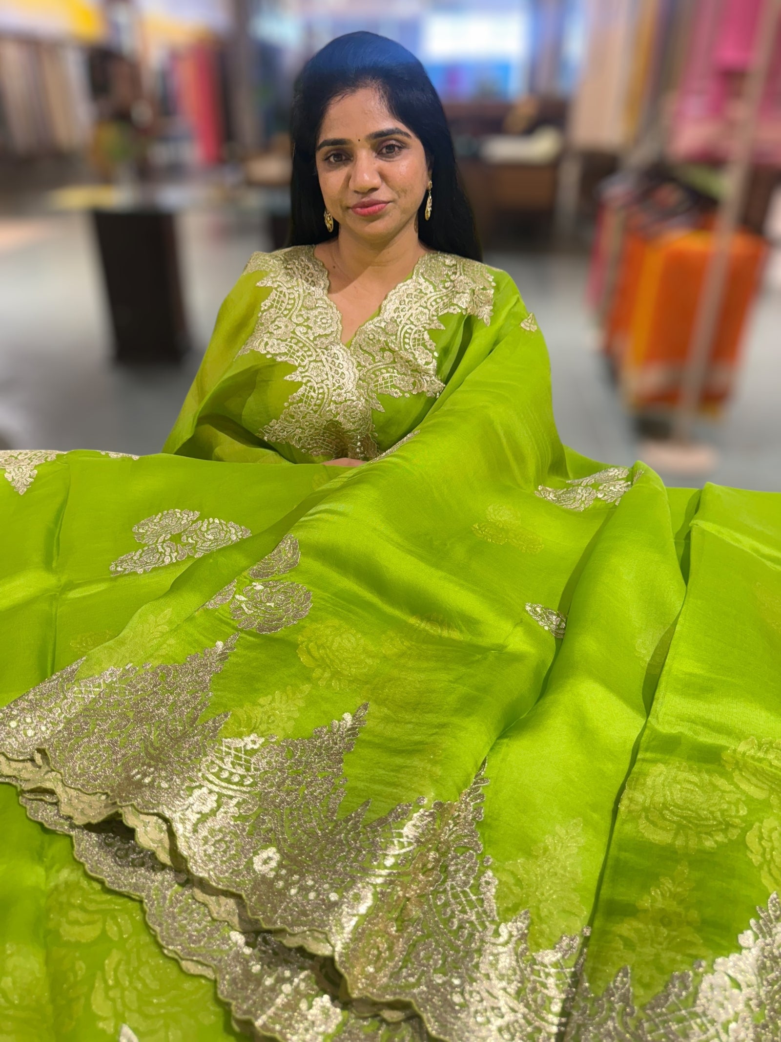 Neon Green Organza with chantilly Lace embroidery