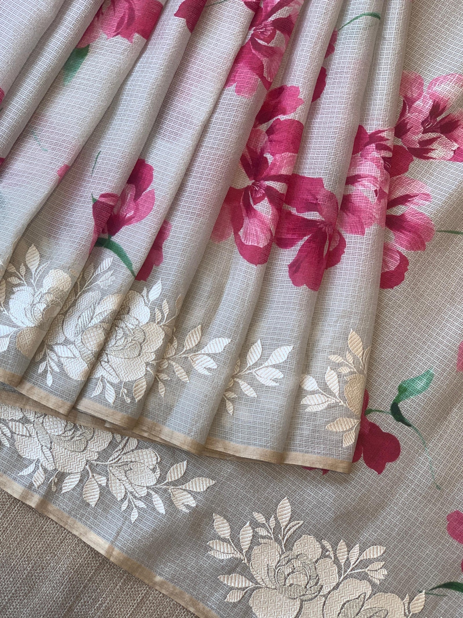 Dusty Grey Designer printed Silk kota saree with floral embroidered border